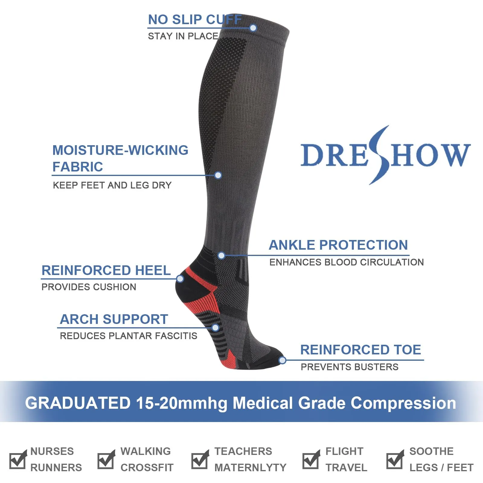 DRESHOW 4 Paia Calze a Compressione per Donna e Uomo Circolazione Miglior Supporto Alla per Atletica,Corsa,Ciclismo,Viaggi - immagine 5