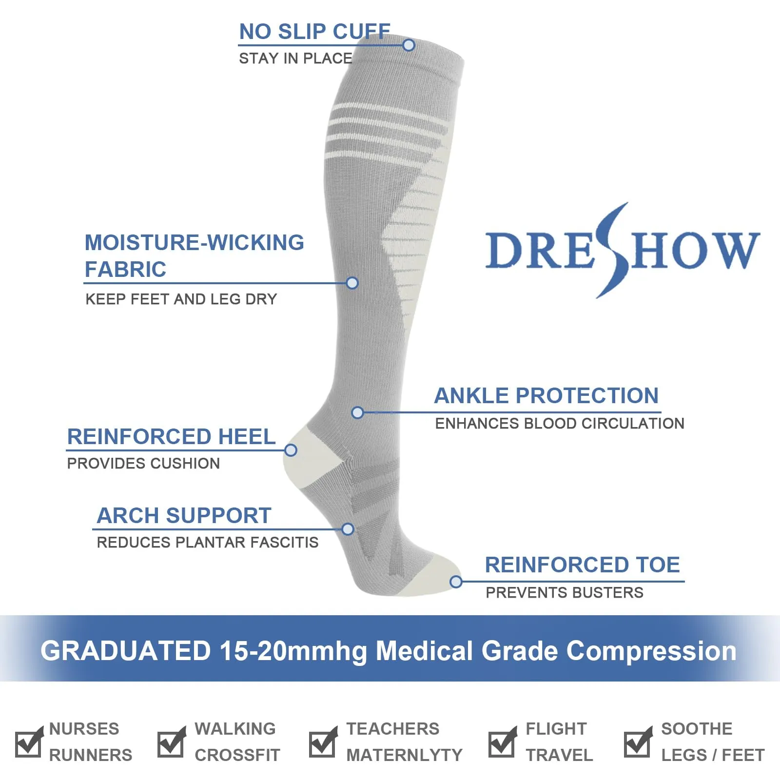 DRESHOW 4 Paia Calze a Compressione per Donna e Uomo Circolazione Miglior Supporto Alla per Atletica,Corsa,Ciclismo,Viaggi - immagine 5