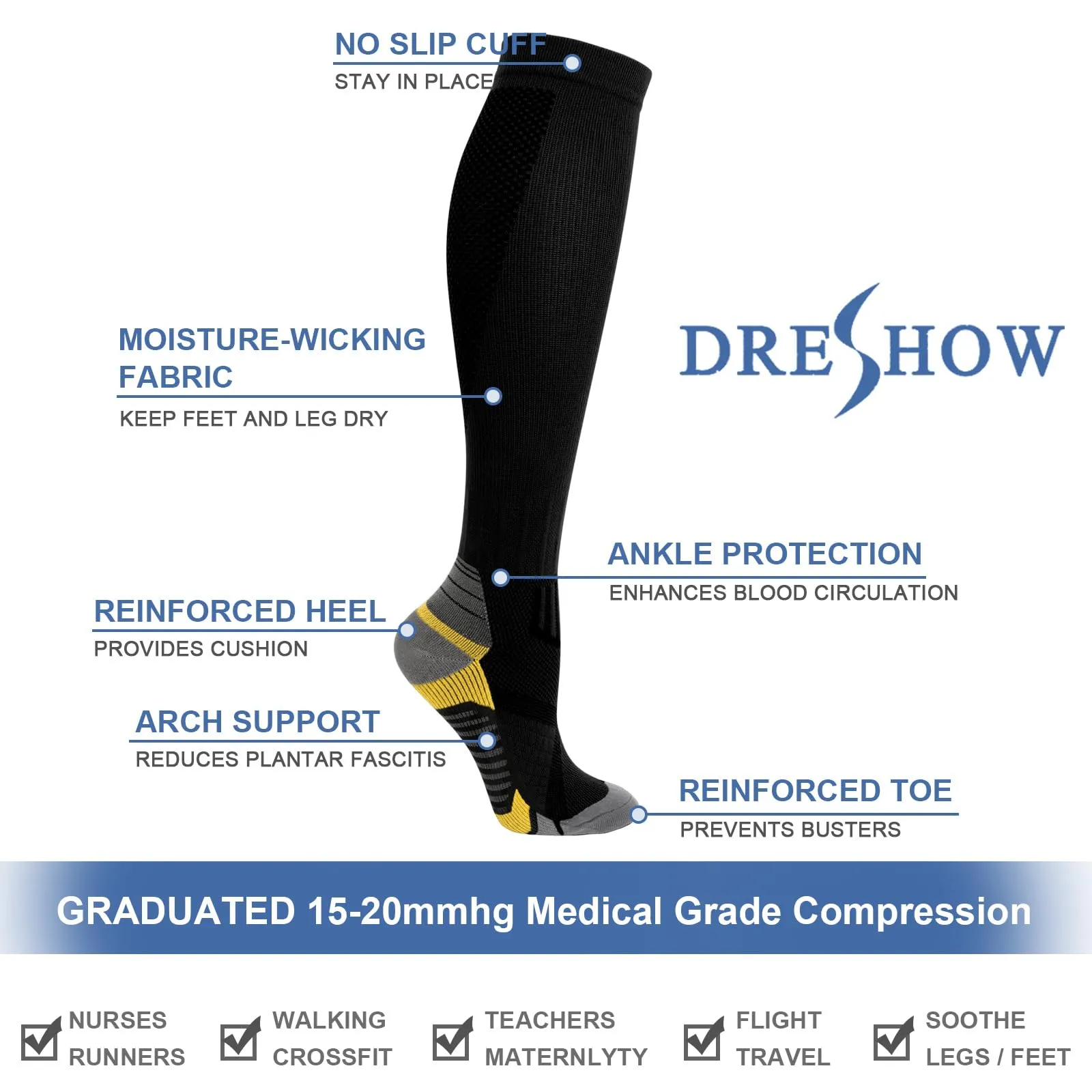 DRESHOW 4 Paia Calze a Compressione per Donna e Uomo Circolazione Miglior Supporto Alla per Atletica,Corsa,Ciclismo,Viaggi - immagine 5