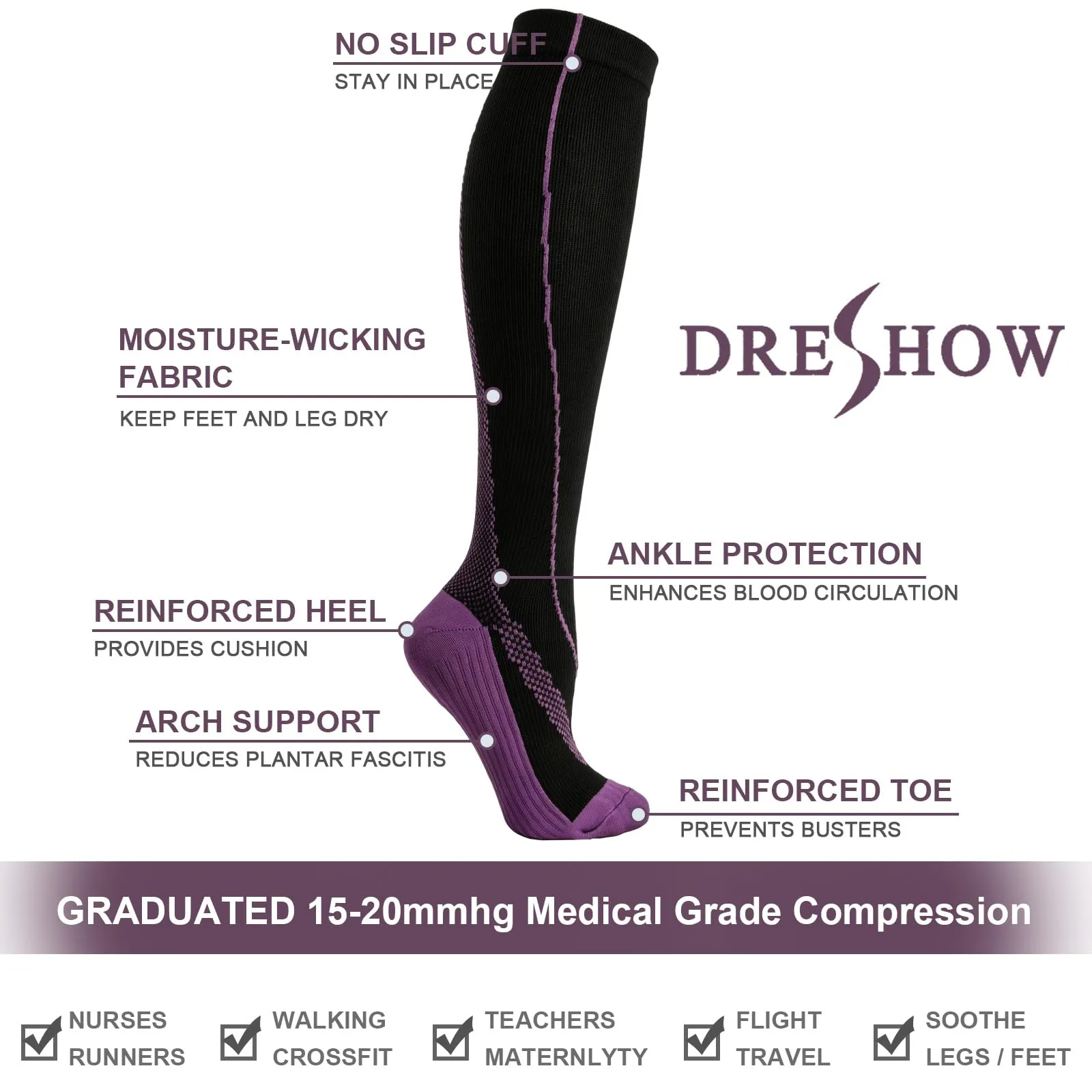 DRESHOW 4 Paia Calze a Compressione per Donna e Uomo Circolazione Miglior Supporto Alla per Atletica,Corsa,Ciclismo,Viaggi - immagine 5