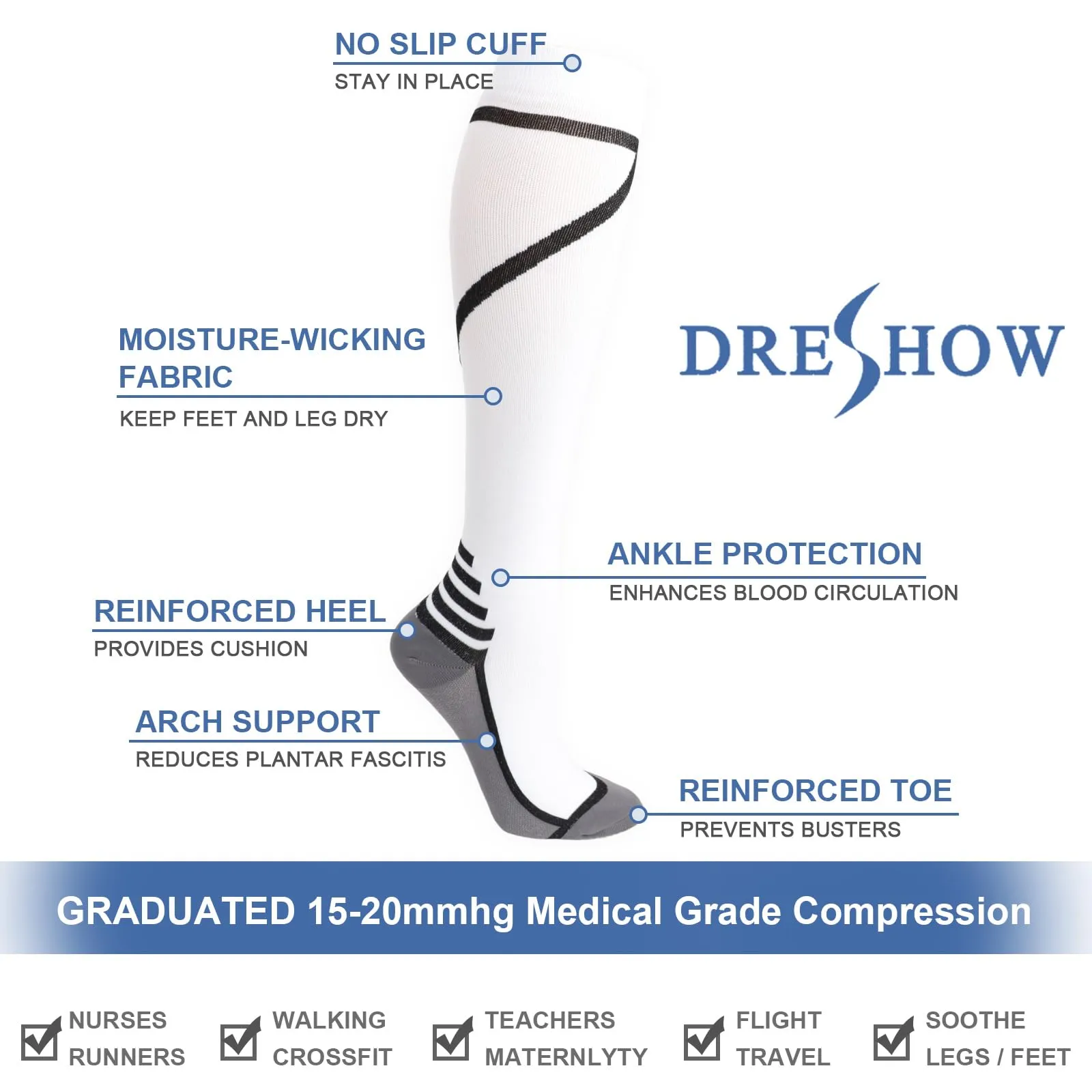 DRESHOW 4 Paia Calze a Compressione per Donna e Uomo Circolazione Miglior Supporto Alla per Atletica,Corsa,Ciclismo,Viaggi - immagine 5