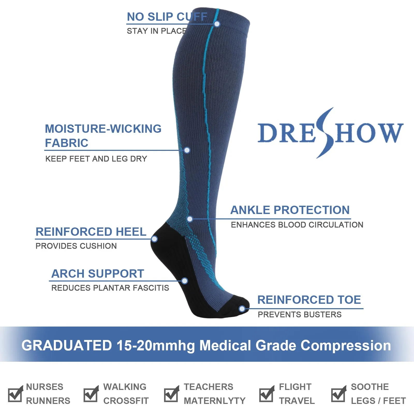 DRESHOW 4 Paia Calze a Compressione per Donna e Uomo Circolazione Miglior Supporto Alla per Atletica,Corsa,Ciclismo,Viaggi - immagine 5