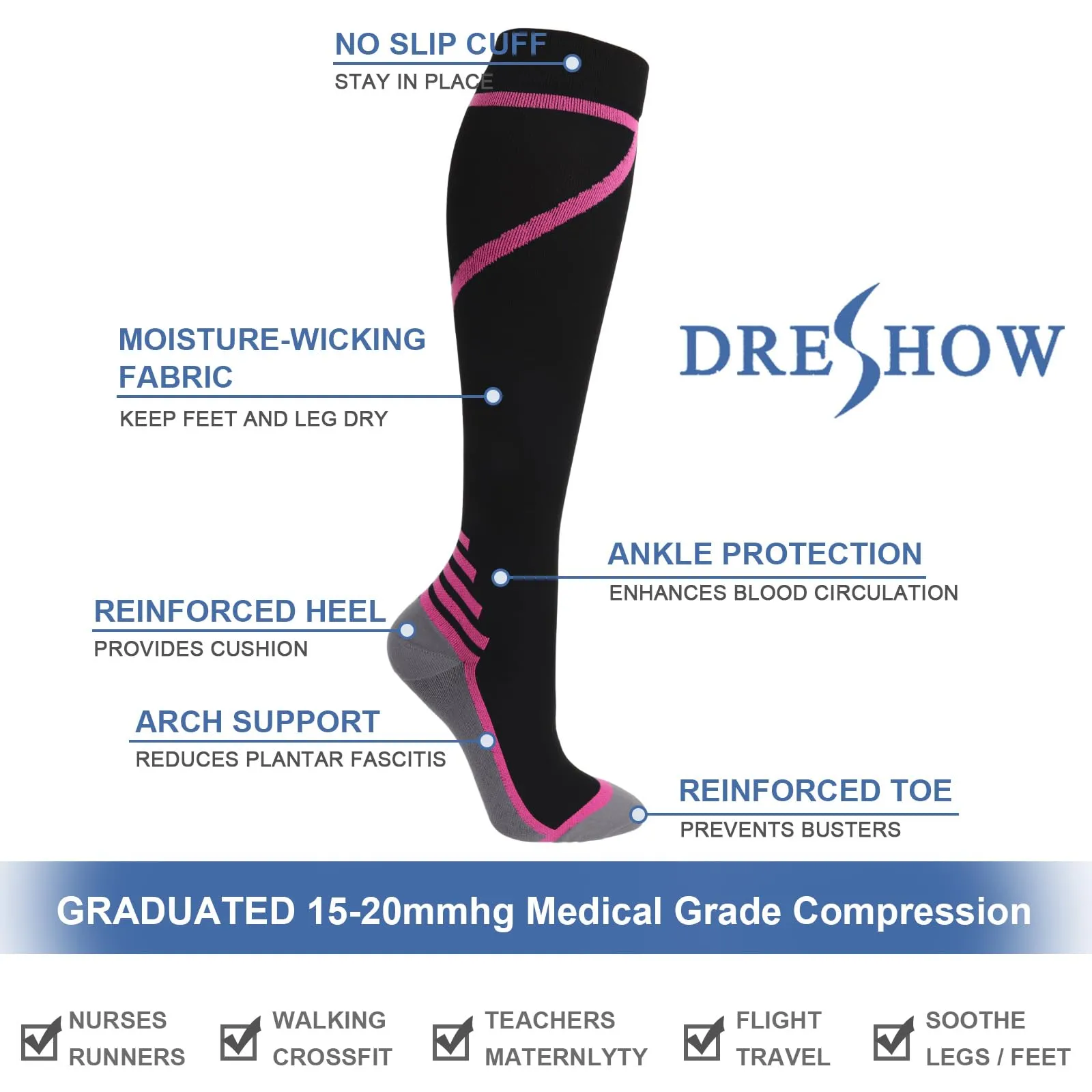 DRESHOW 4 Paia Calze a Compressione per Donna e Uomo Circolazione Miglior Supporto Alla per Atletica,Corsa,Ciclismo,Viaggi - immagine 5