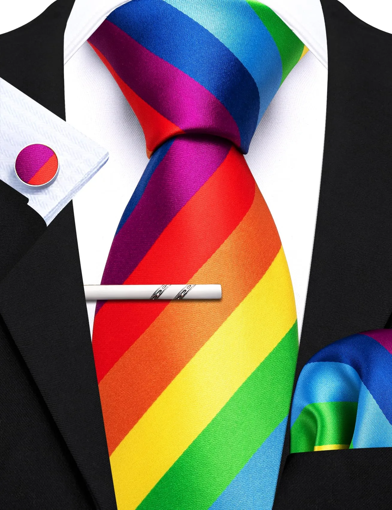 Barry.Wang Cravatta da uomo in seta a righe scozzesi da tasca quadrata gemelli fermacravatta 4 pezzi set classico cravatta da matrimonio, Blu Rosso Viola Verde, Taglia unica - immagine 5