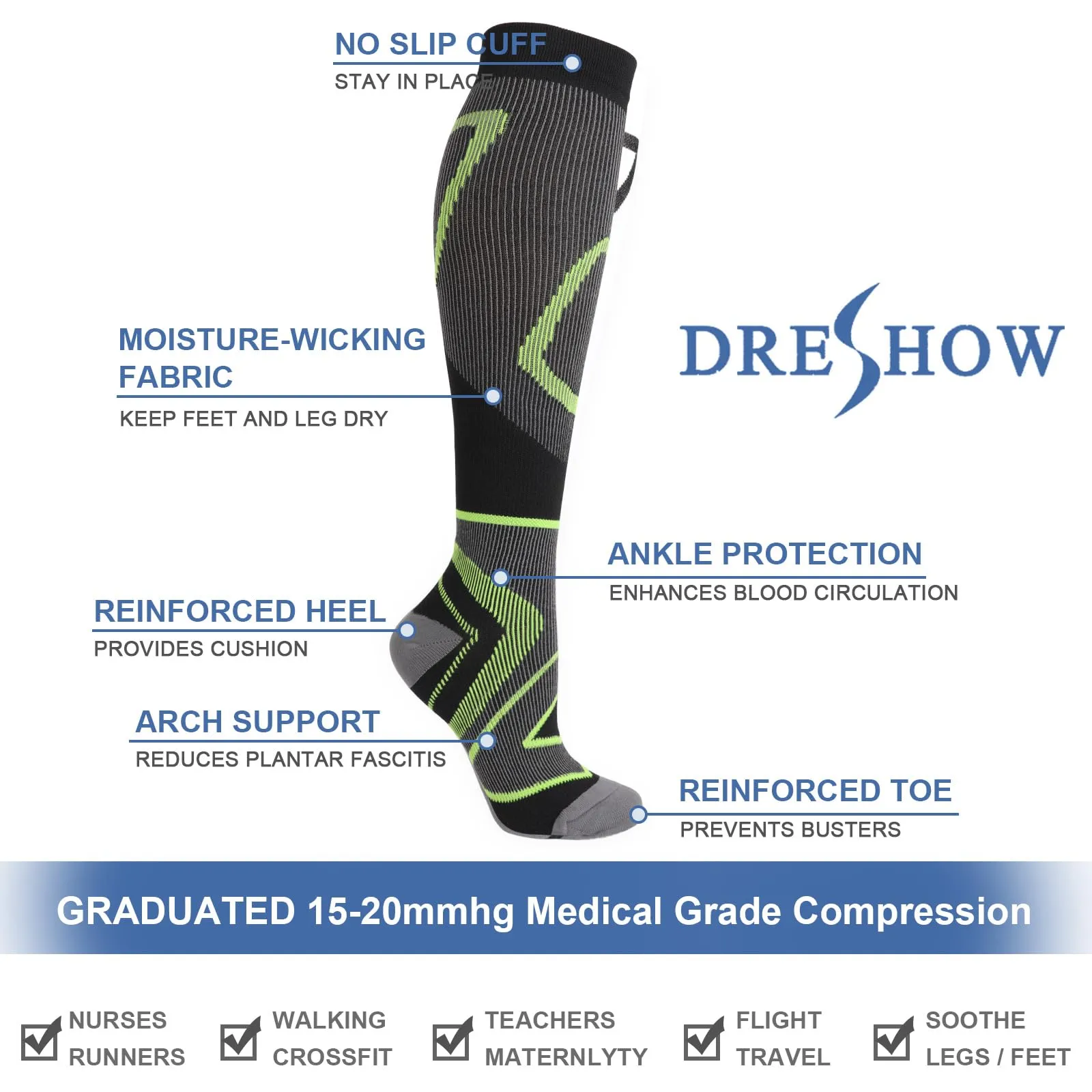 DRESHOW 4 Paia Calze a Compressione per Donna e Uomo Circolazione Miglior Supporto Alla per Atletica,Corsa,Ciclismo,Viaggi - immagine 5