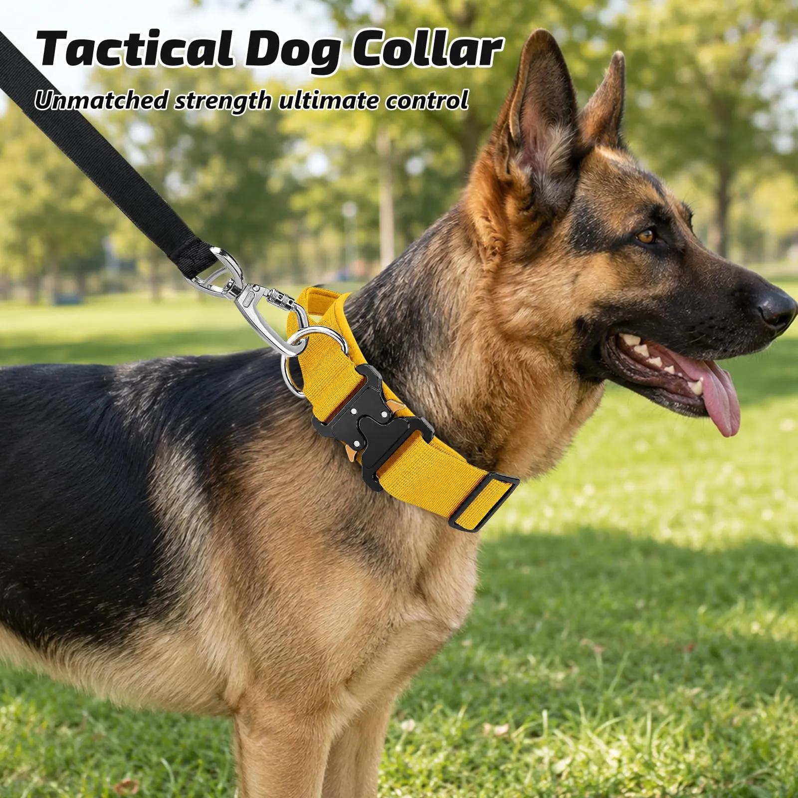 Collare Cane, Collare Tattico Regolabile per Cani Taglia Grande e Media, Larga 3,8 cm, Collari Militare in Nylon per Cani con Maniglia e Robusta Fibbia Metallica Sblocco Rapido (Giallo, L) - immagine 7