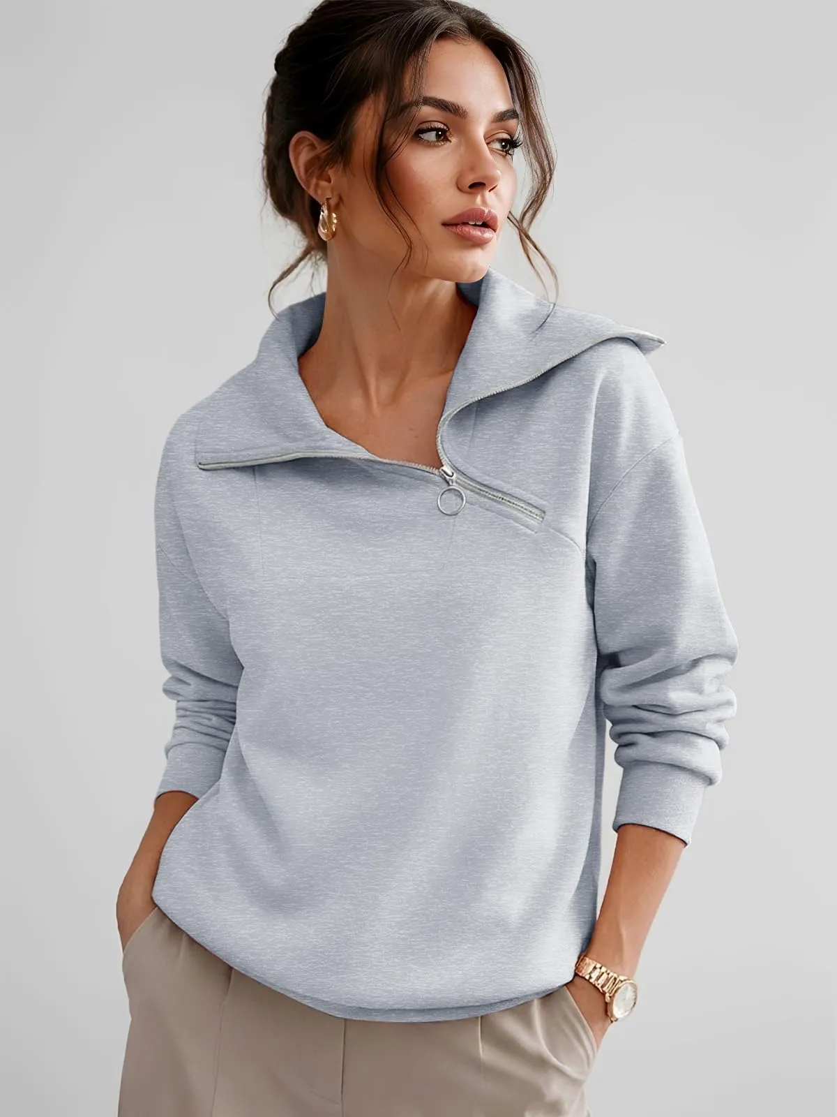 CUPTACC Felpa Donna Con Zip Scollo a V Camicia Autunno Grigio XXXL 52 - immagine 2