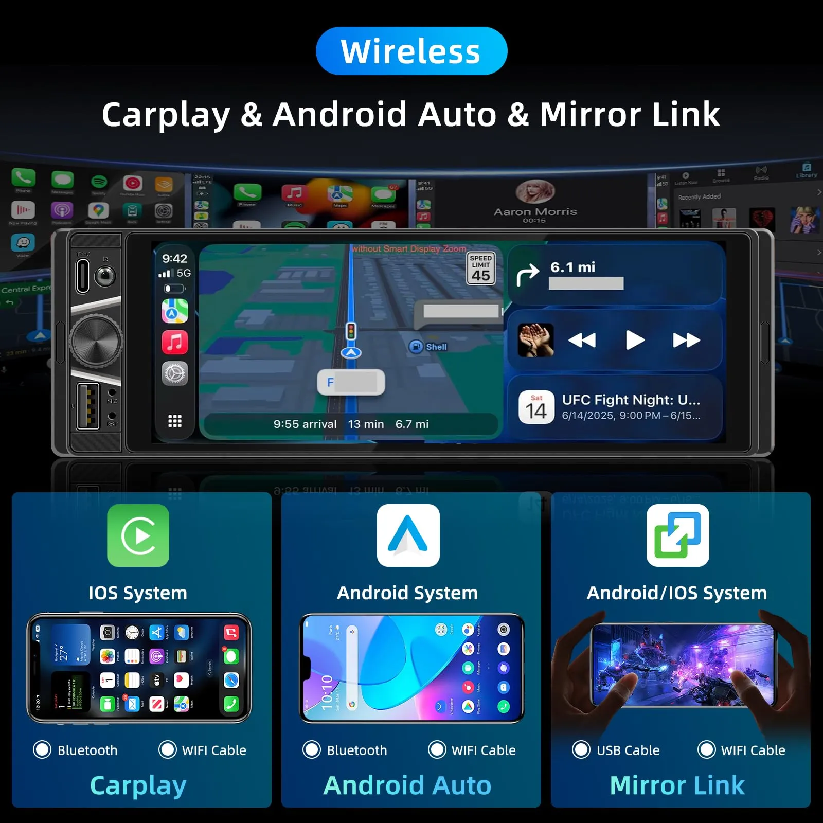 KMUTZY Autoradio 1 DIN con Schermo Touchscreen 6,28", Apple CarPlay e Android Auto Senza Fili, Stereo Auto Bluetooth con Vivavoce, Mirror Link, Telecamera Posteriore, Radio FM, USB, Type-C - immagine 2