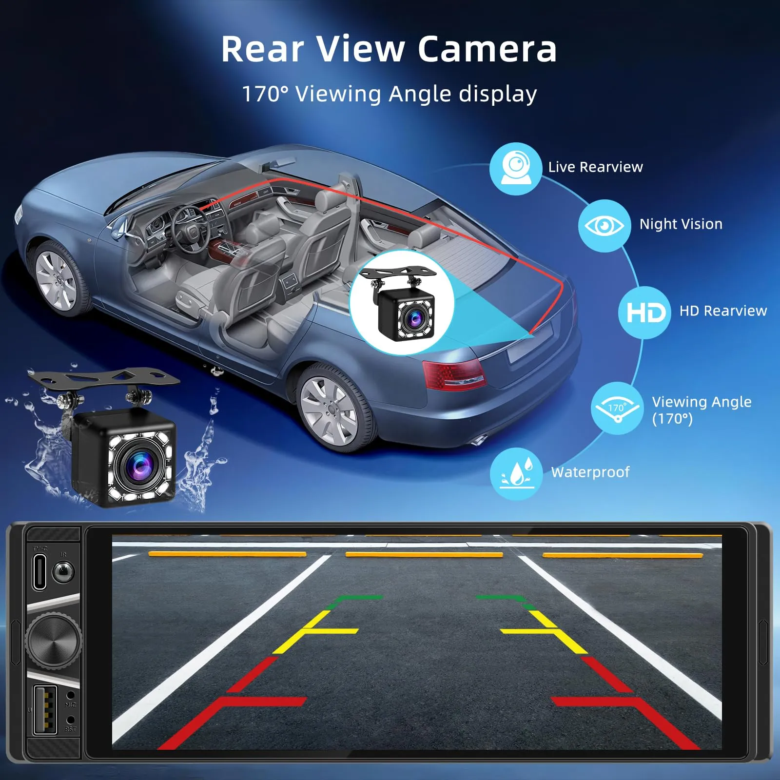 KMUTZY Autoradio 1 DIN con Schermo Touchscreen 6,28", Apple CarPlay e Android Auto Senza Fili, Stereo Auto Bluetooth con Vivavoce, Mirror Link, Telecamera Posteriore, Radio FM, USB, Type-C - immagine 5