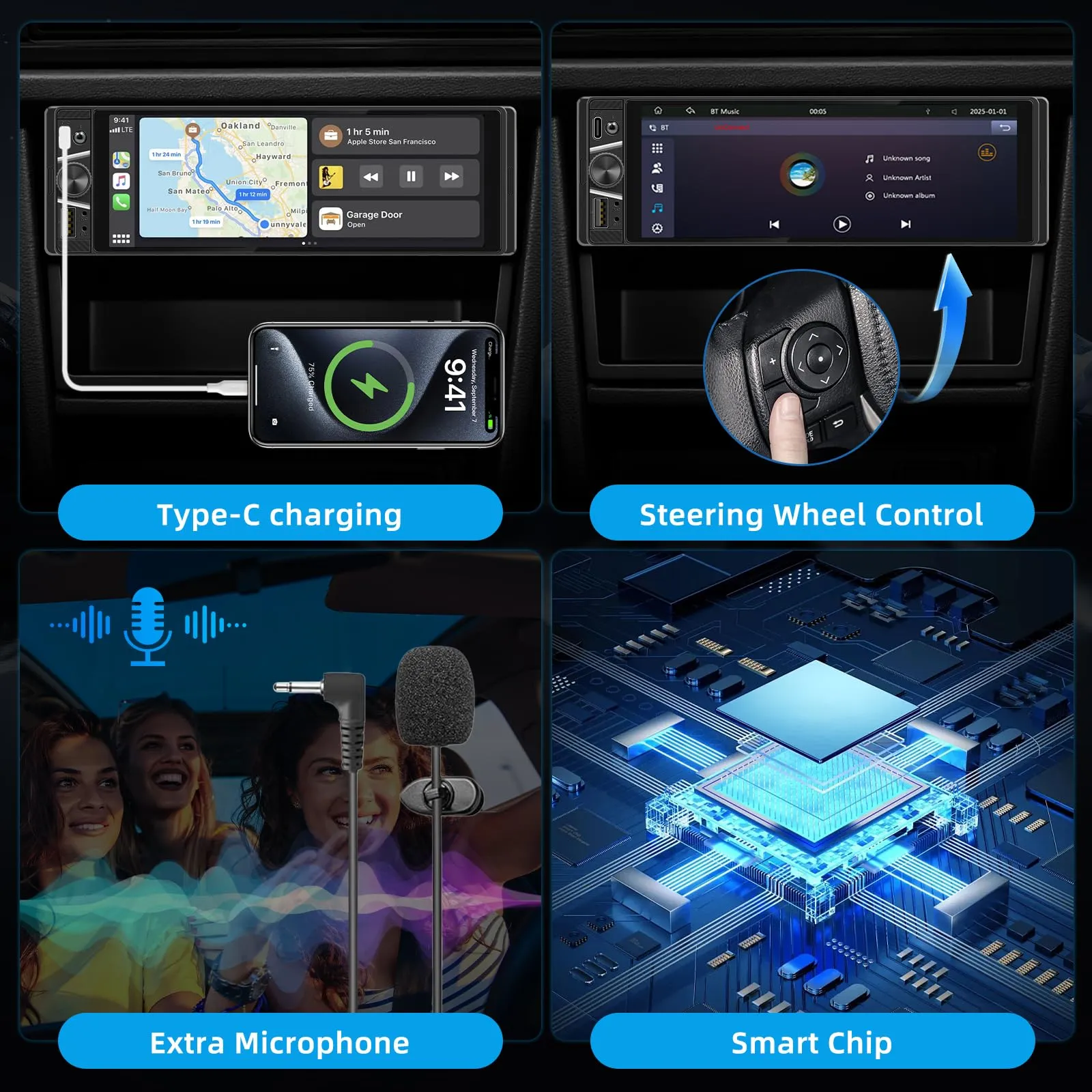 KMUTZY Autoradio 1 DIN con Schermo Touchscreen 6,28", Apple CarPlay e Android Auto Senza Fili, Stereo Auto Bluetooth con Vivavoce, Mirror Link, Telecamera Posteriore, Radio FM, USB, Type-C - immagine 6