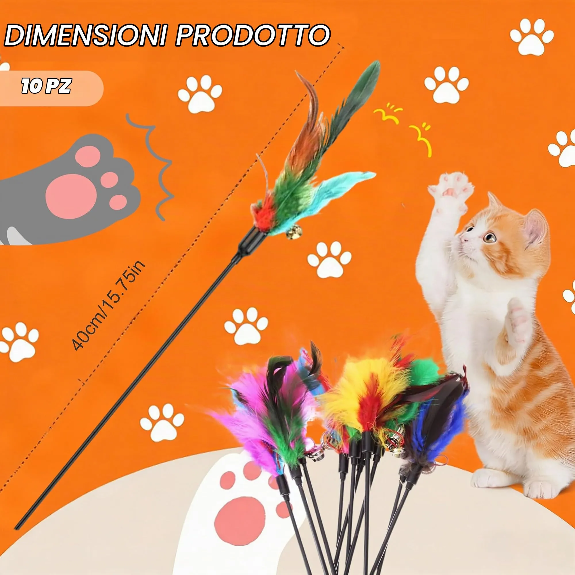 10 Pezzi Giocattolo Interattivo per Gatti 40 cm Gioco Piuma Colorato Pet Bacchetta con Piume & Campanellini Giocattolo per Animale Domestico Canne Pesca Toy per Esercizio e Legame, Colore Casuale - immagine 2
