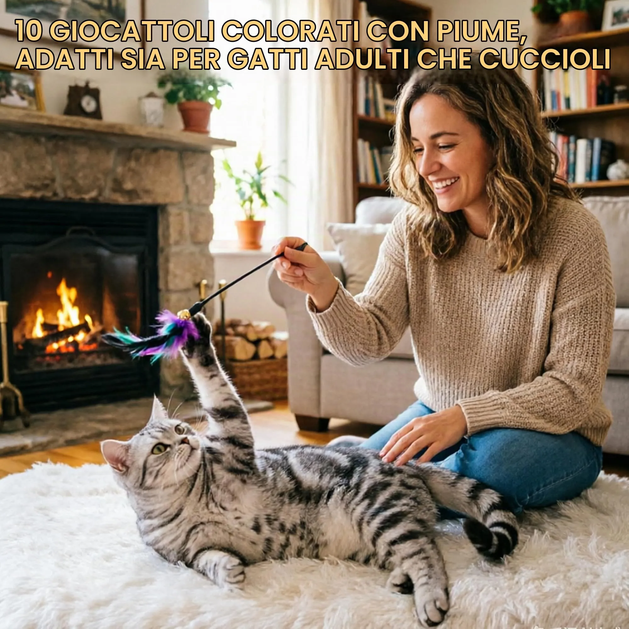 10 Pezzi Giocattolo Interattivo per Gatti 40 cm Gioco Piuma Colorato Pet Bacchetta con Piume & Campanellini Giocattolo per Animale Domestico Canne Pesca Toy per Esercizio e Legame, Colore Casuale - immagine 7