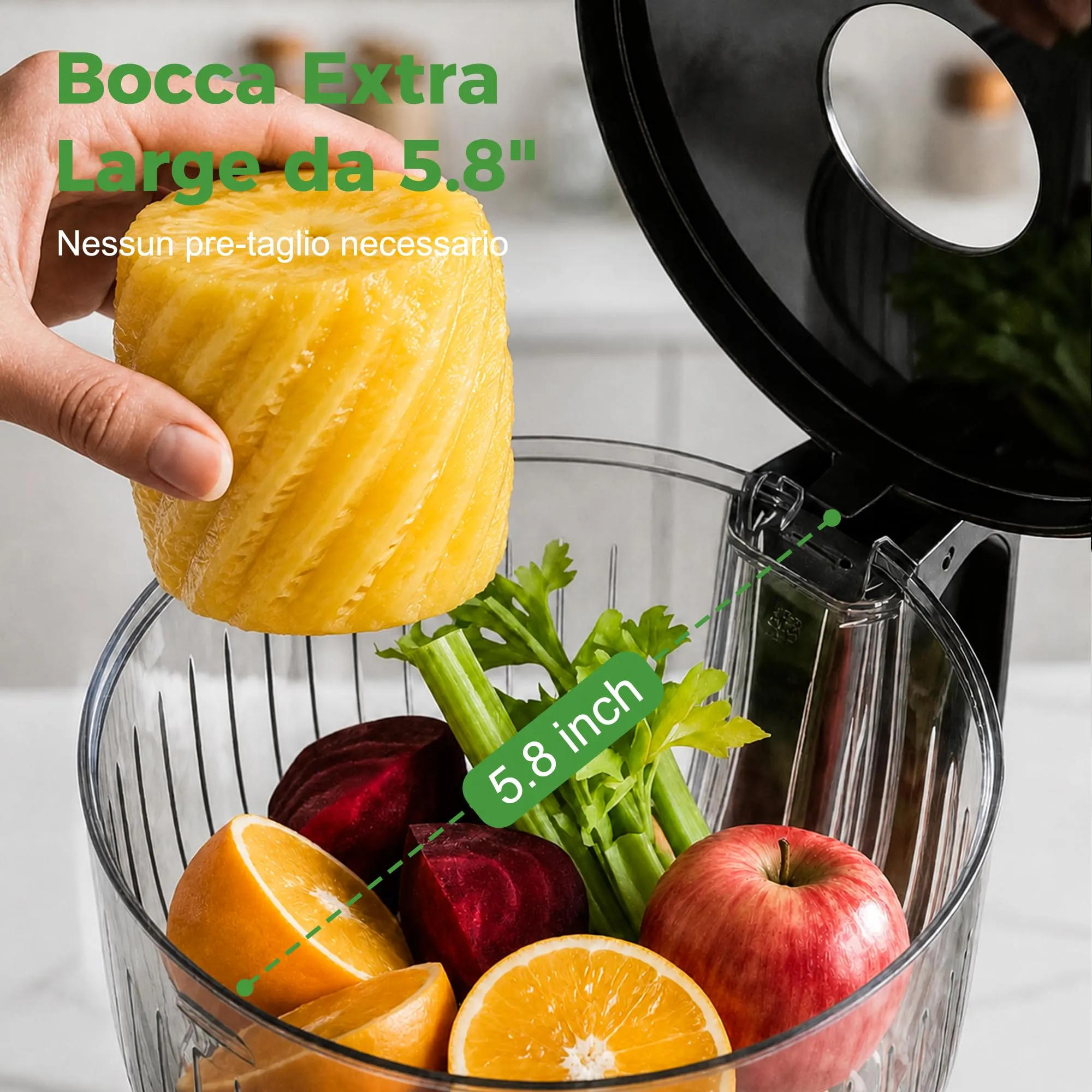YASHE Estrattore di Succo Lento 300W, Bocca 148 mm per Frutta e Verdura Intera, Slow Juicer con Funzione Inversa, Motore Silenzioso, Senza BPA, Facile da Pulire - immagine 2