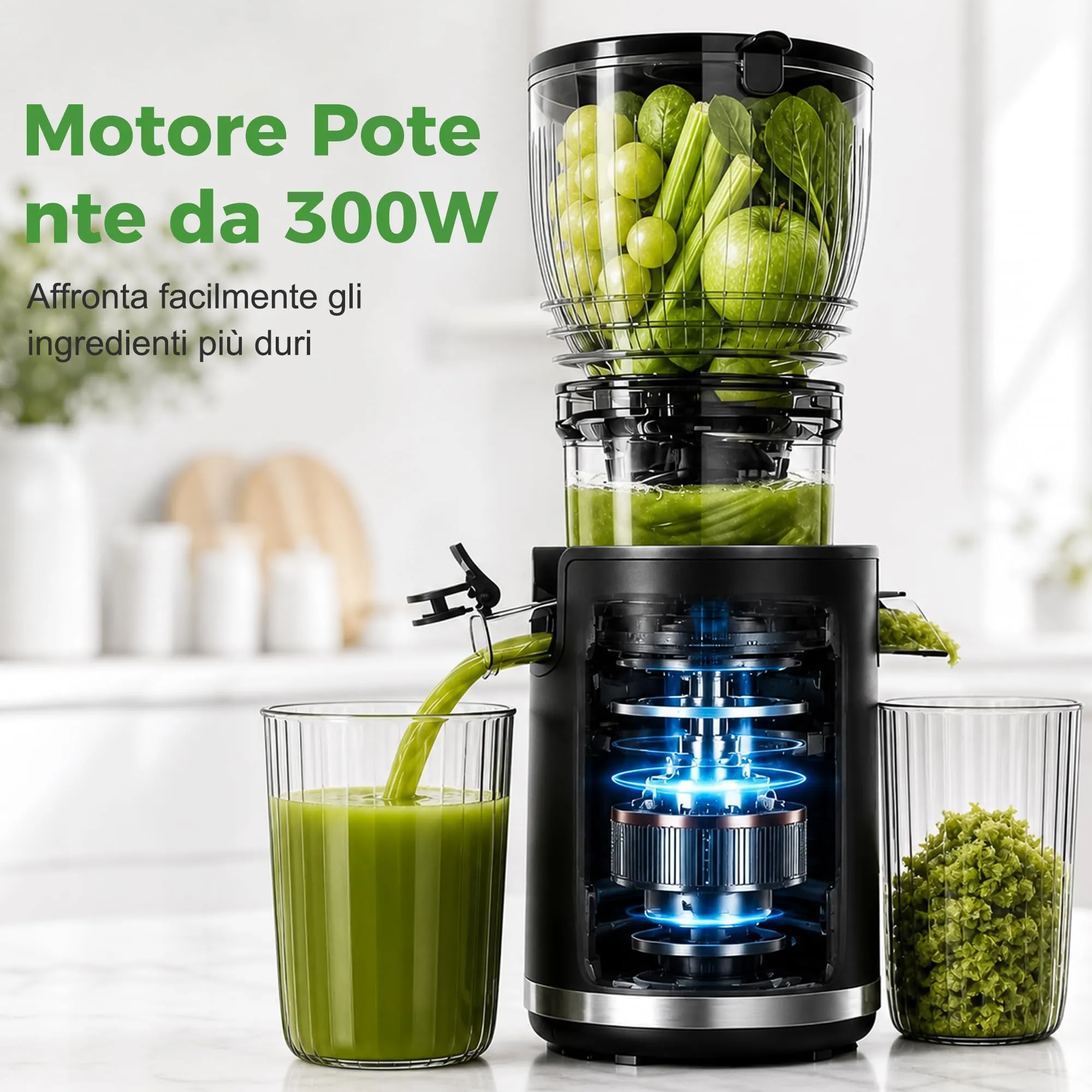 YASHE Estrattore di Succo Lento 300W, Bocca 148 mm per Frutta e Verdura Intera, Slow Juicer con Funzione Inversa, Motore Silenzioso, Senza BPA, Facile da Pulire - immagine 3