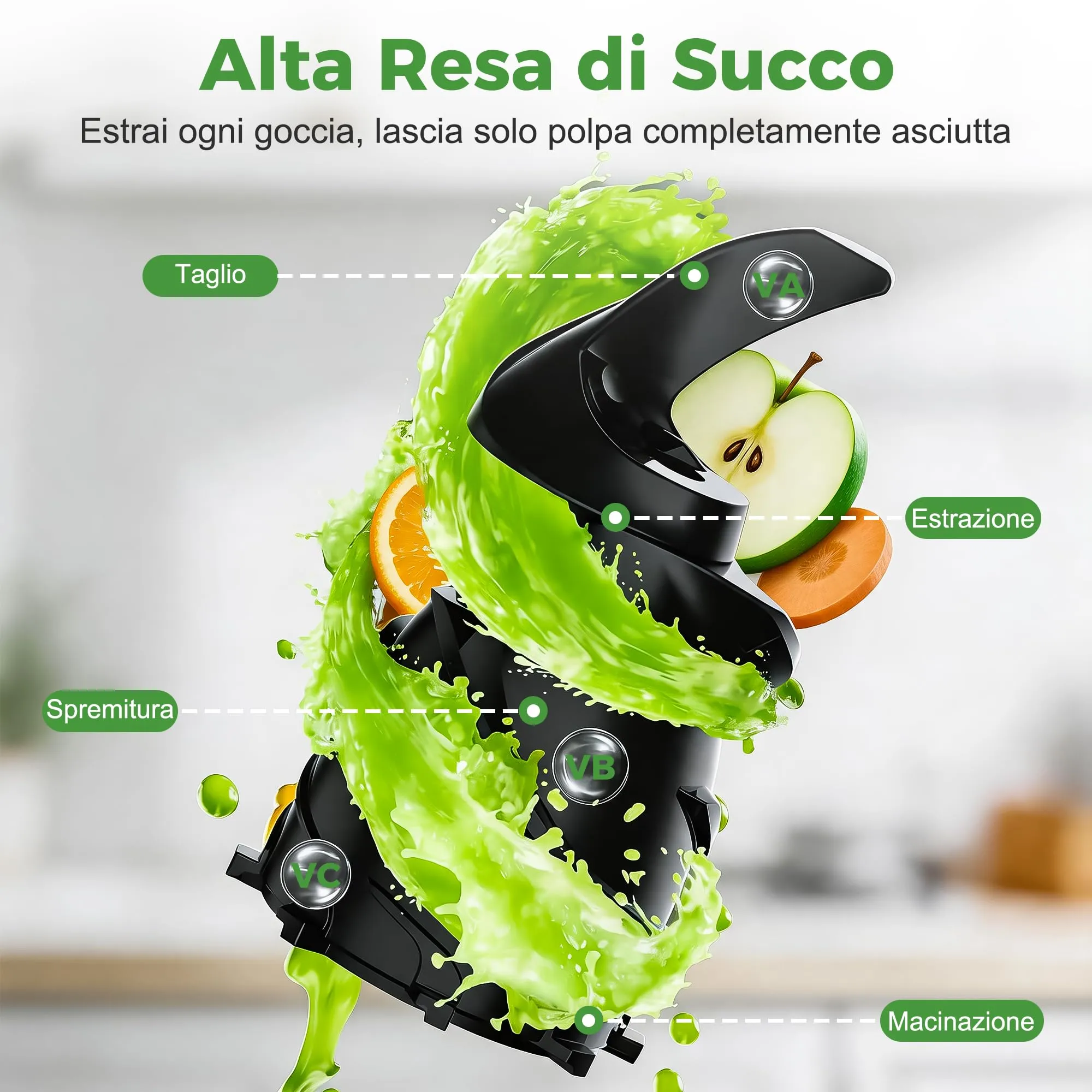 YASHE Estrattore di Succo Lento 300W, Bocca 148 mm per Frutta e Verdura Intera, Slow Juicer con Funzione Inversa, Motore Silenzioso, Senza BPA, Facile da Pulire - immagine 4