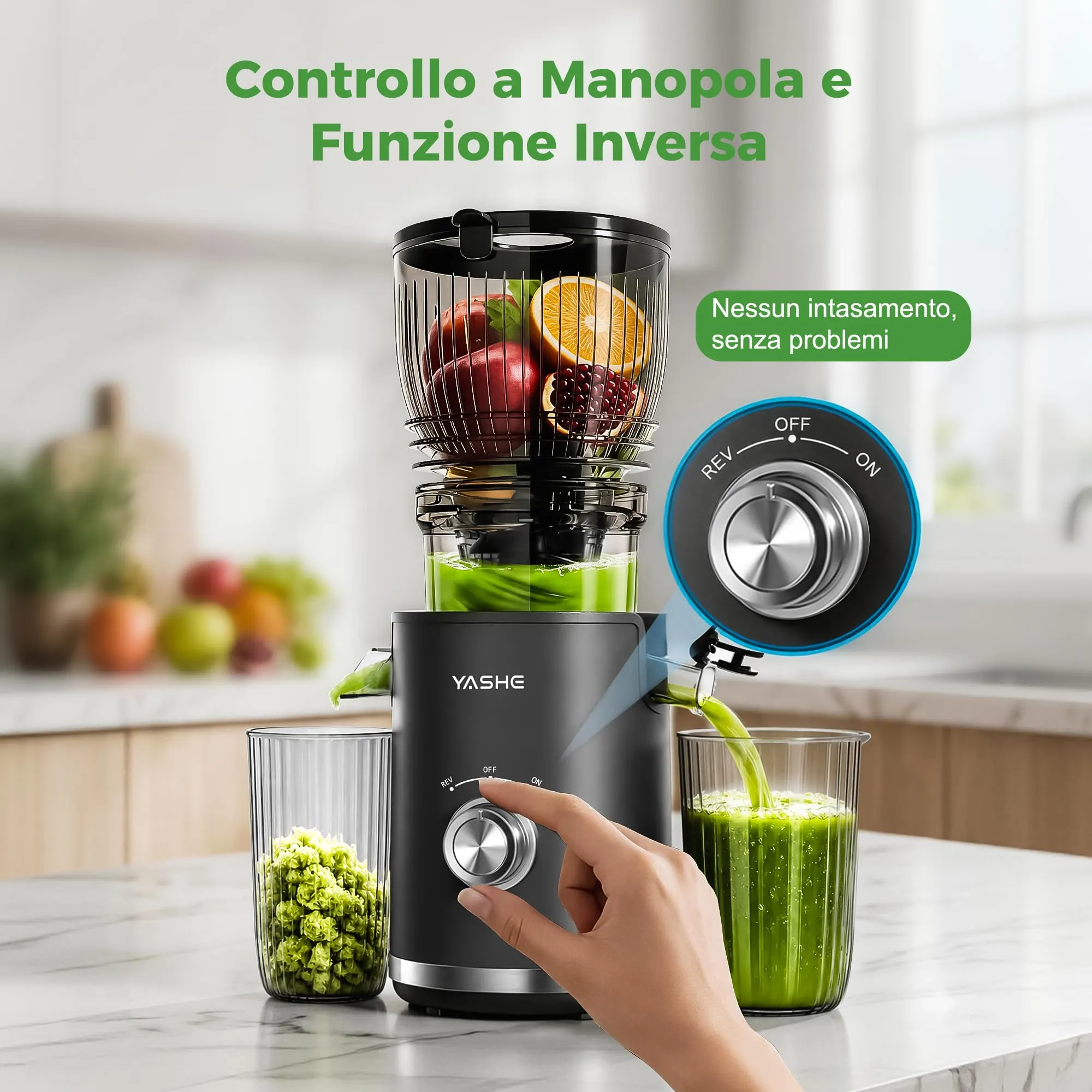 YASHE Estrattore di Succo Lento 300W, Bocca 148 mm per Frutta e Verdura Intera, Slow Juicer con Funzione Inversa, Motore Silenzioso, Senza BPA, Facile da Pulire - immagine 5