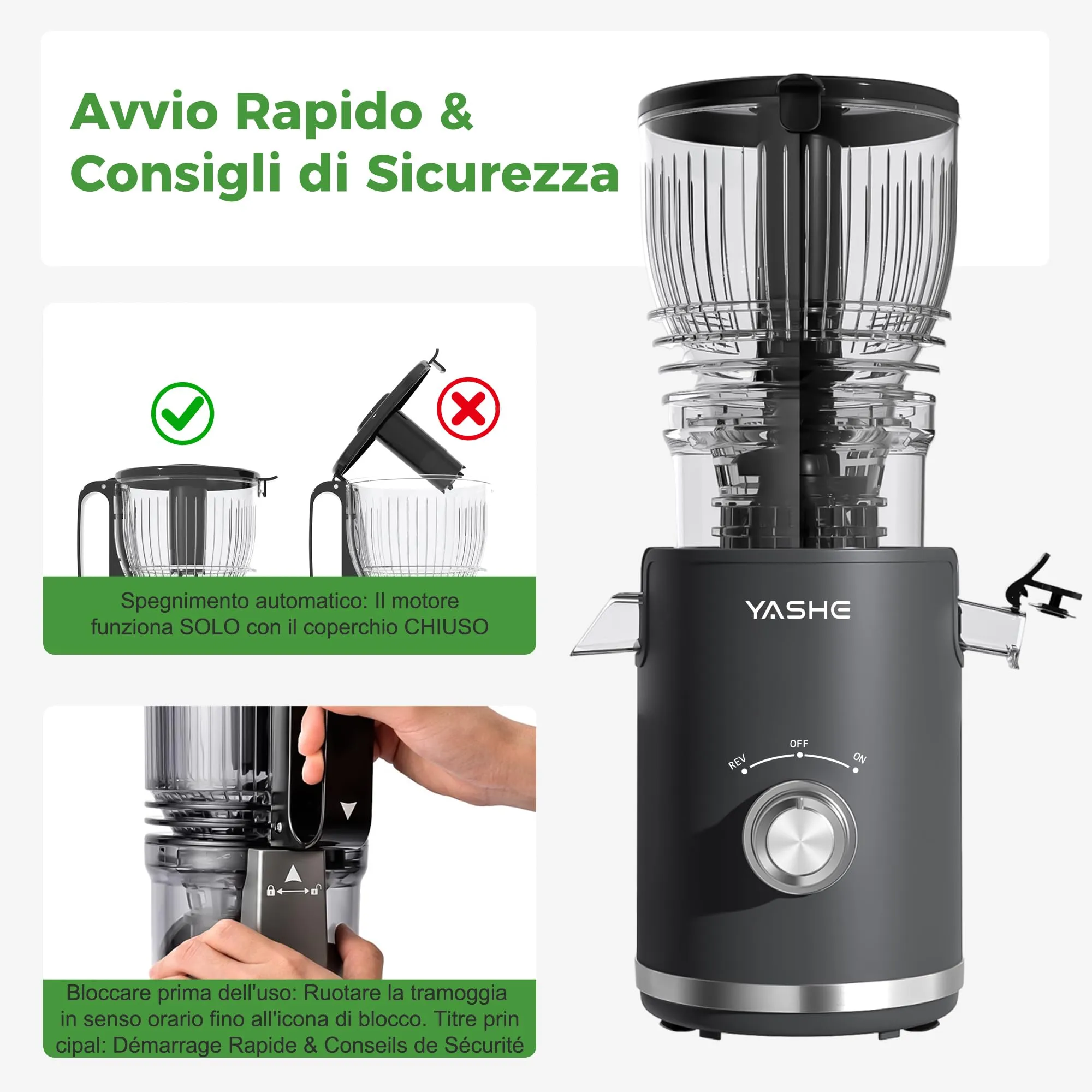YASHE Estrattore di Succo Lento 300W, Bocca 148 mm per Frutta e Verdura Intera, Slow Juicer con Funzione Inversa, Motore Silenzioso, Senza BPA, Facile da Pulire - immagine 7