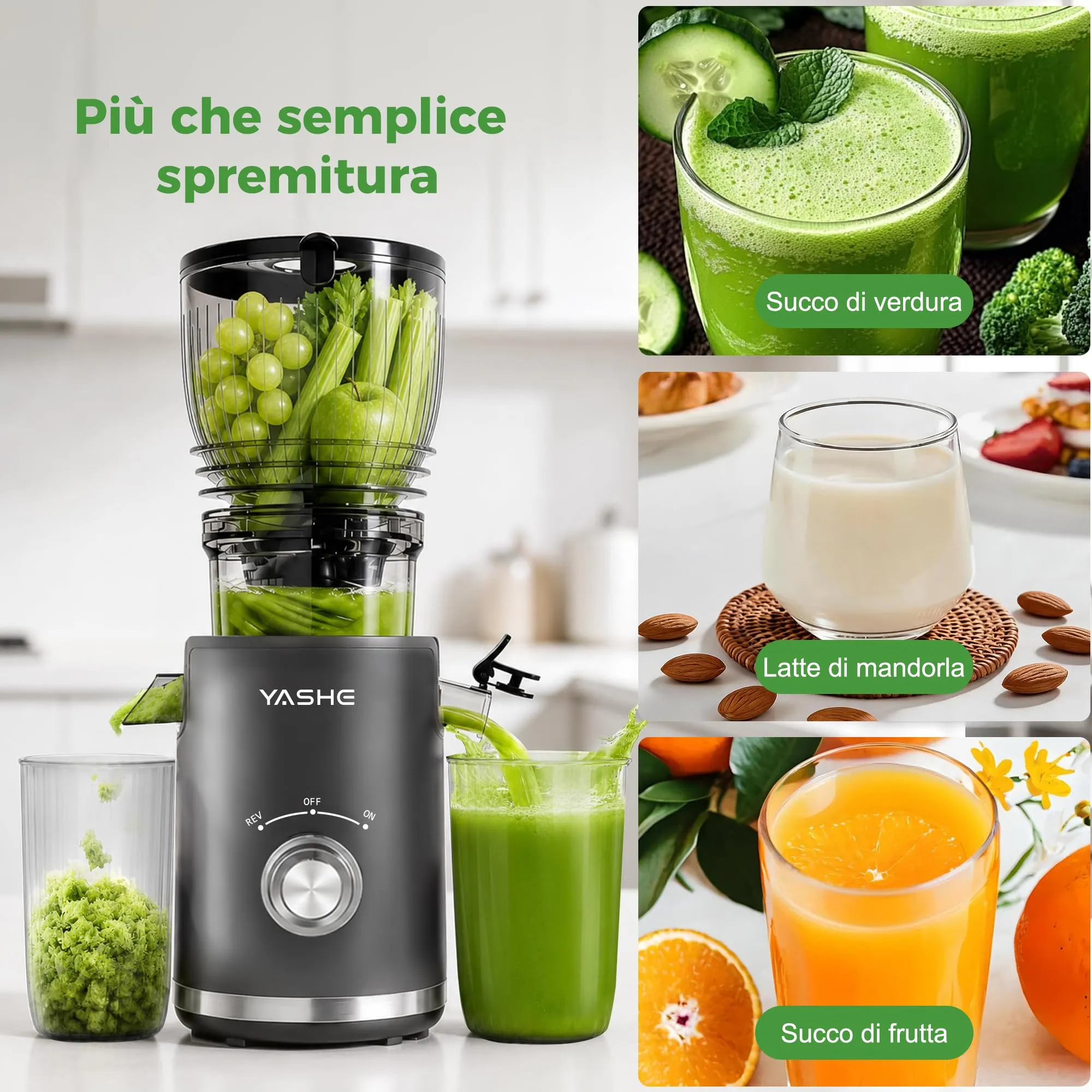 YASHE Estrattore di Succo Lento 300W, Bocca 148 mm per Frutta e Verdura Intera, Slow Juicer con Funzione Inversa, Motore Silenzioso, Senza BPA, Facile da Pulire - immagine 8