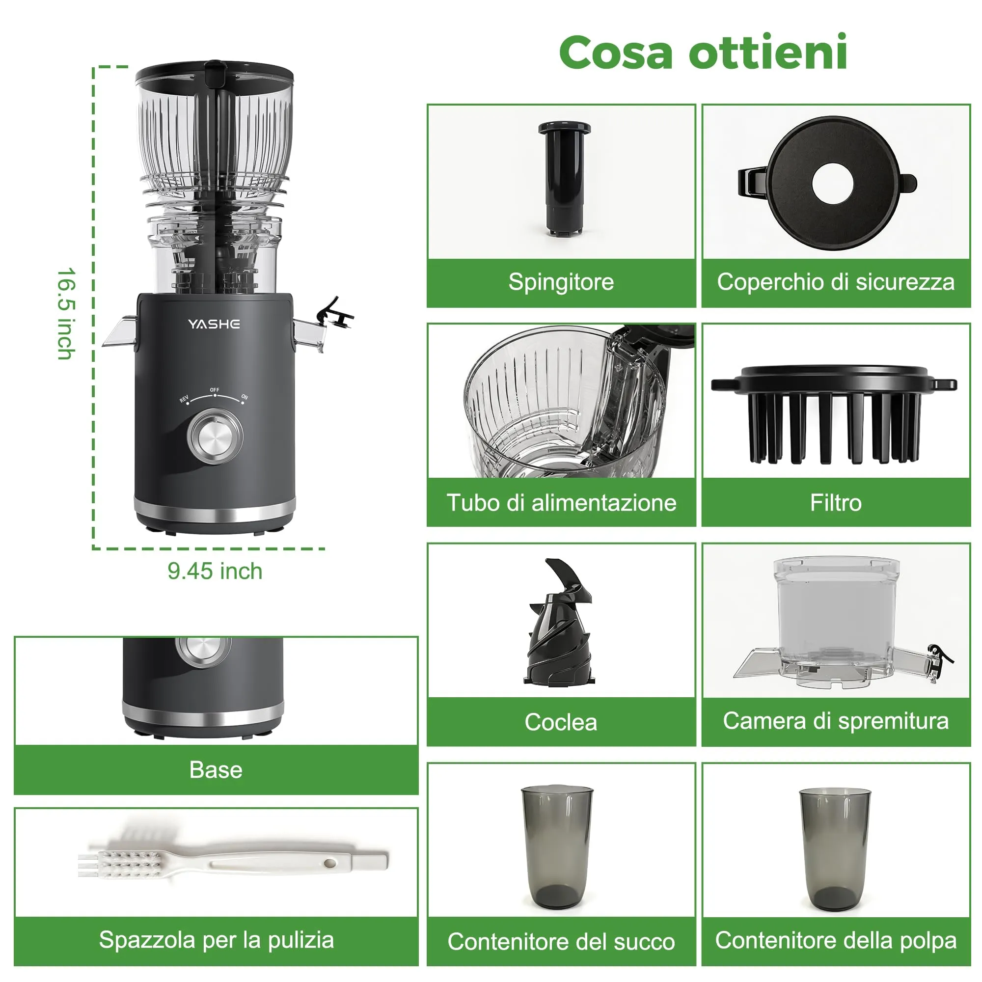 YASHE Estrattore di Succo Lento 300W, Bocca 148 mm per Frutta e Verdura Intera, Slow Juicer con Funzione Inversa, Motore Silenzioso, Senza BPA, Facile da Pulire - immagine 10