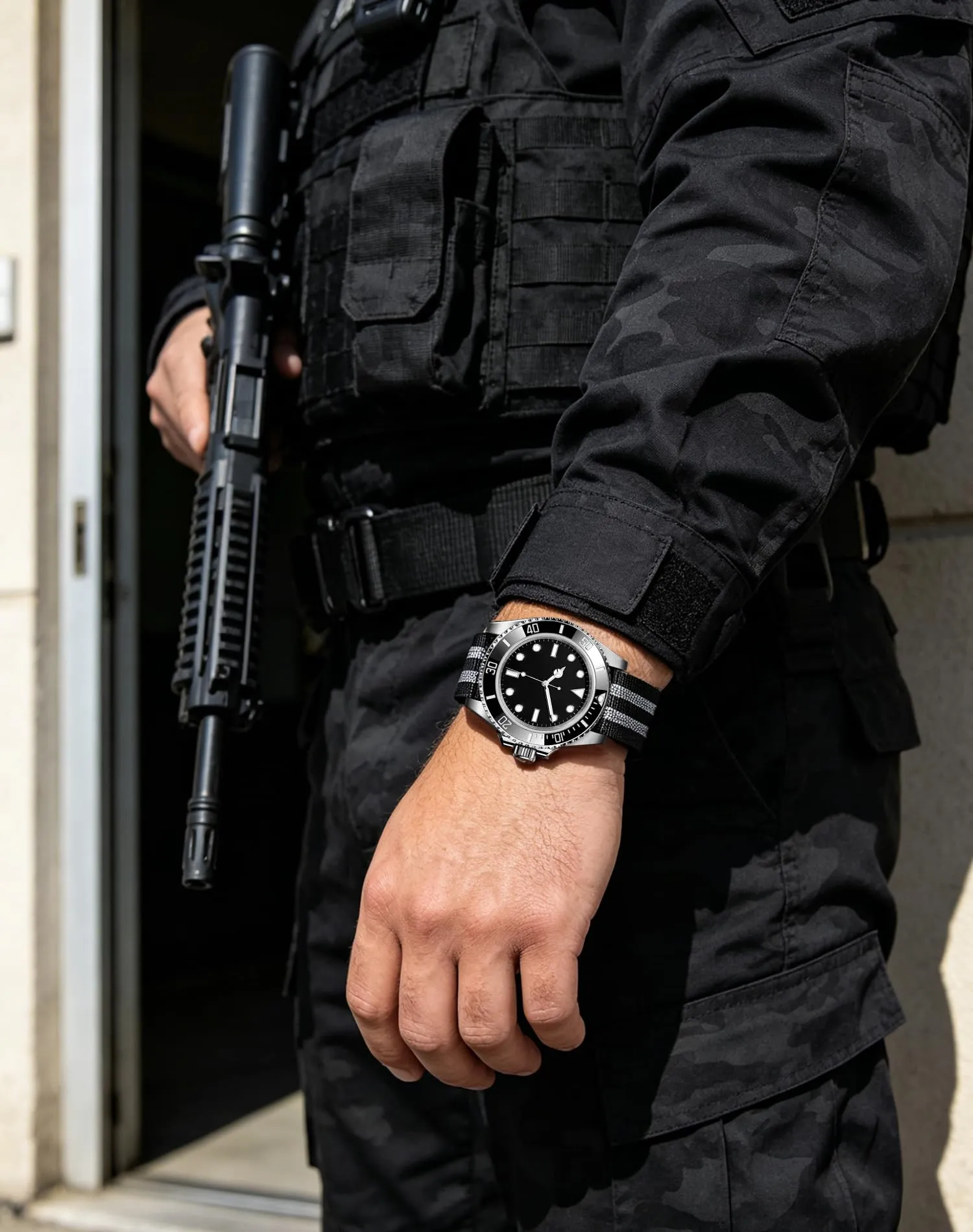 BINLUN Cinturino per Orologio in Nylon Elastico di Ricambio Militare Cinturino a Strappo Paracadute Marina Nazionale per Uomo Donna Fibbia Nero/Argento 18/20/22mm - immagine 6