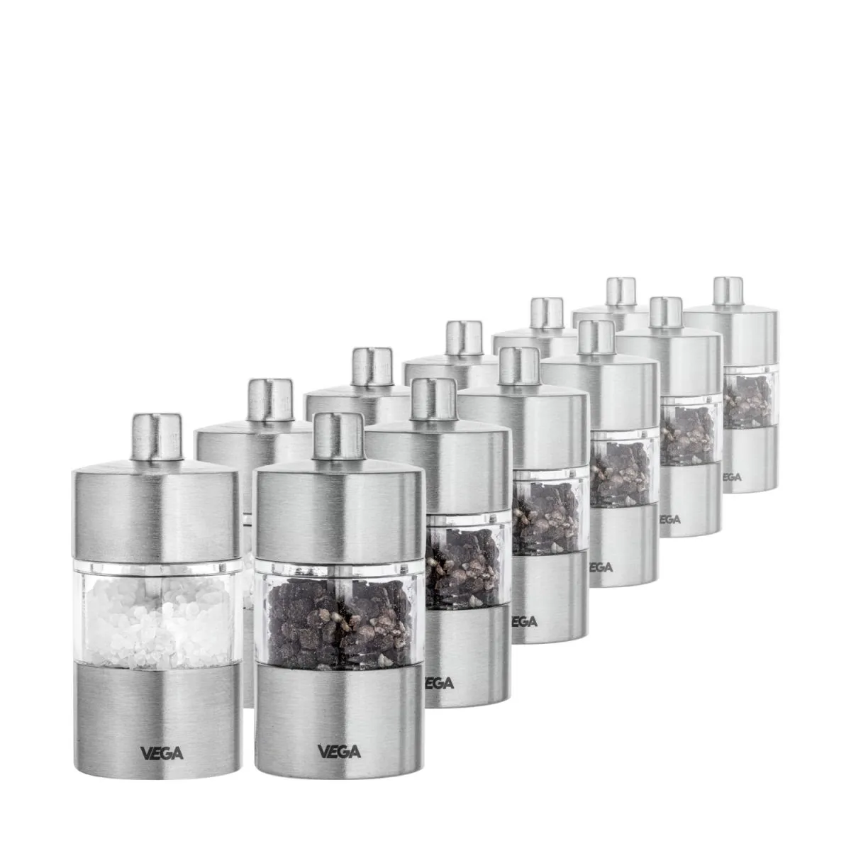 6x VEGA Confezione risparmio macinapepe e macinasale Moreno; 4x8.5 cm (ØxH); argento; 6 set / Pacco - immagine 1