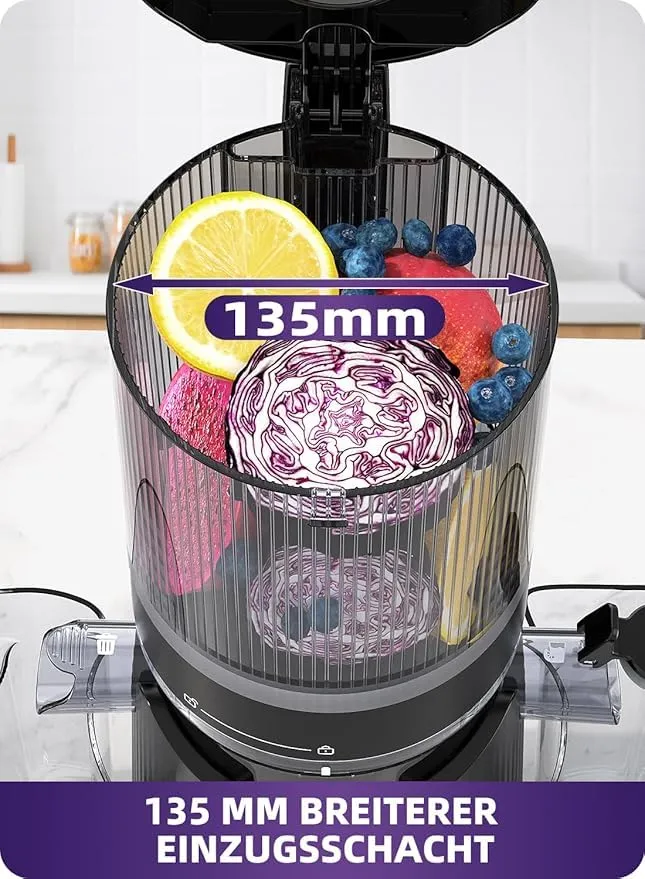 ACOQOOS Estrattore di succo per frutta e verdura intera, larghezza 135 mm e tubo di alimentazione più grande, volume di riempimento 1,8 l, facile da pulire, con 2 bicchieri, spremiagrumi elettrico - immagine 2