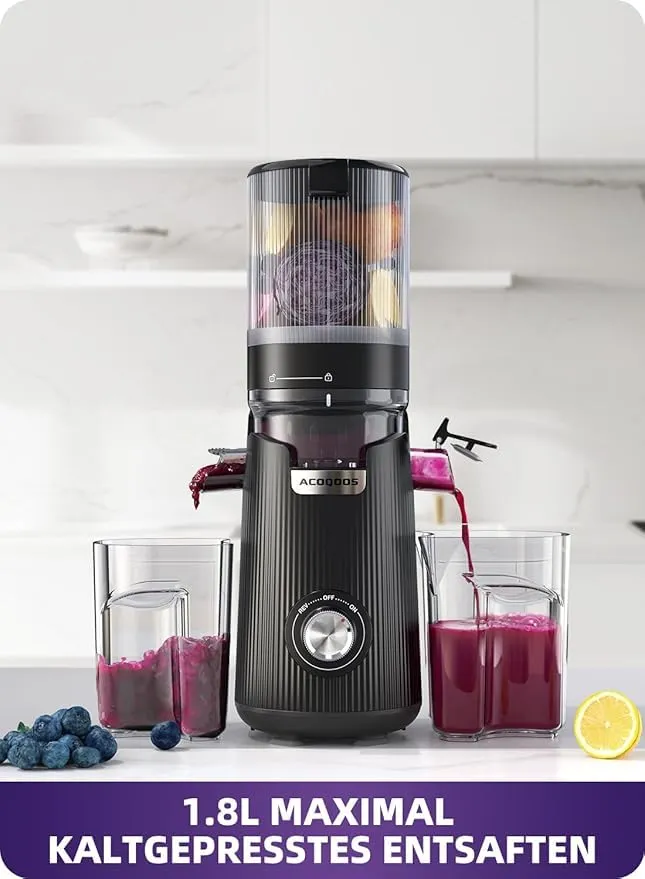 ACOQOOS Estrattore di succo per frutta e verdura intera, larghezza 135 mm e tubo di alimentazione più grande, volume di riempimento 1,8 l, facile da pulire, con 2 bicchieri, spremiagrumi elettrico - immagine 4