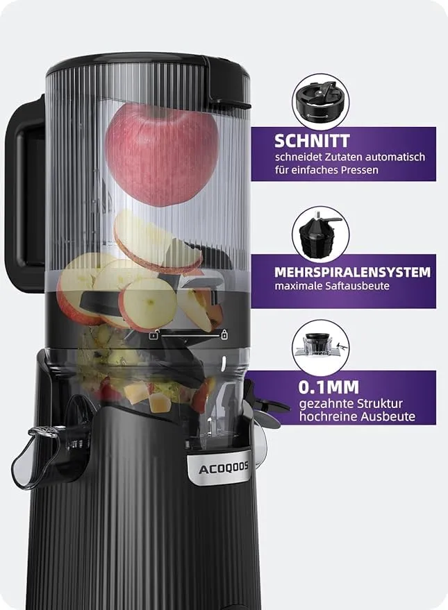 ACOQOOS Estrattore di succo per frutta e verdura intera, larghezza 135 mm e tubo di alimentazione più grande, volume di riempimento 1,8 l, facile da pulire, con 2 bicchieri, spremiagrumi elettrico - immagine 5