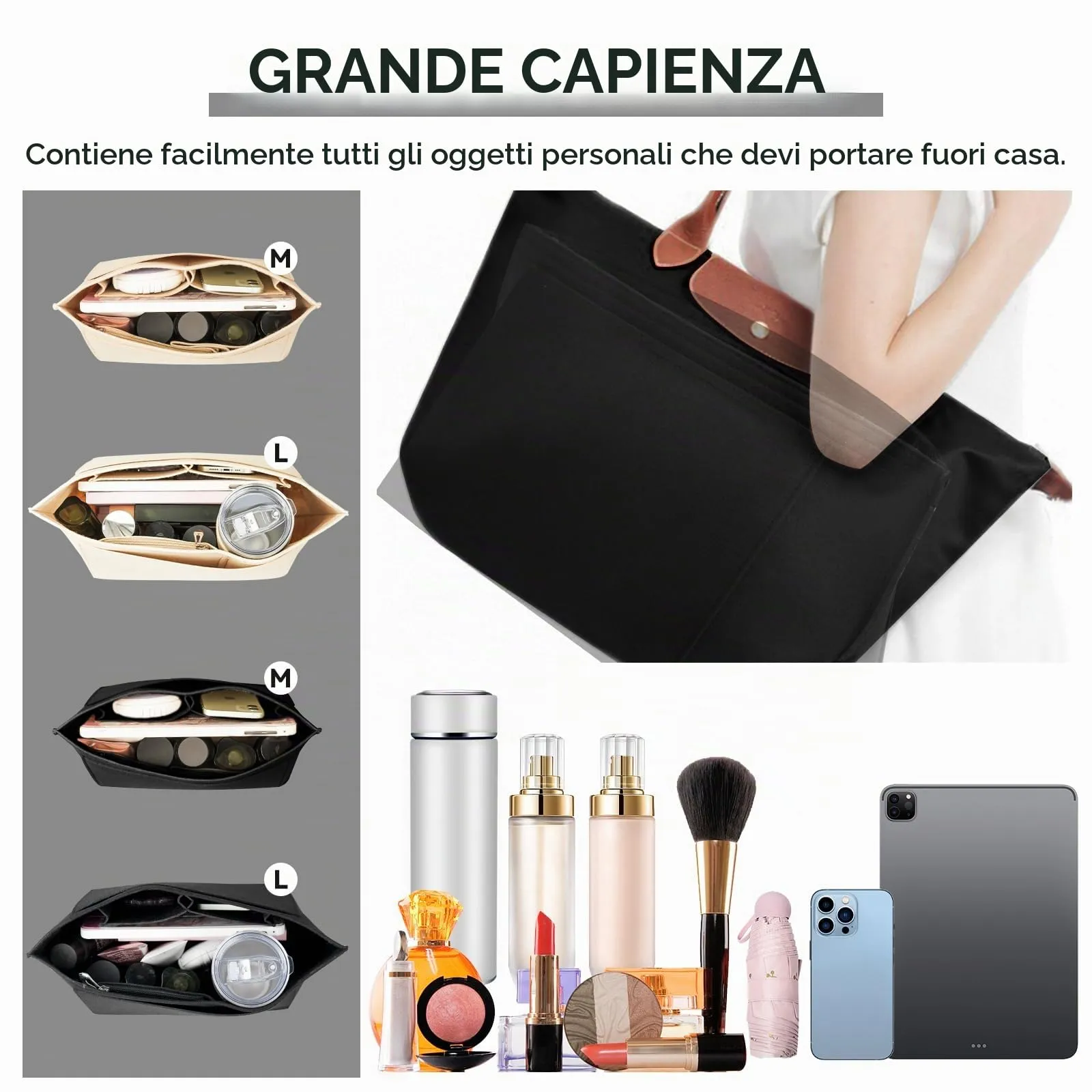 LUOJINYI Organizer per Borsa, Borsa da Donna, Grande Capacità (Nero, M) - immagine 5