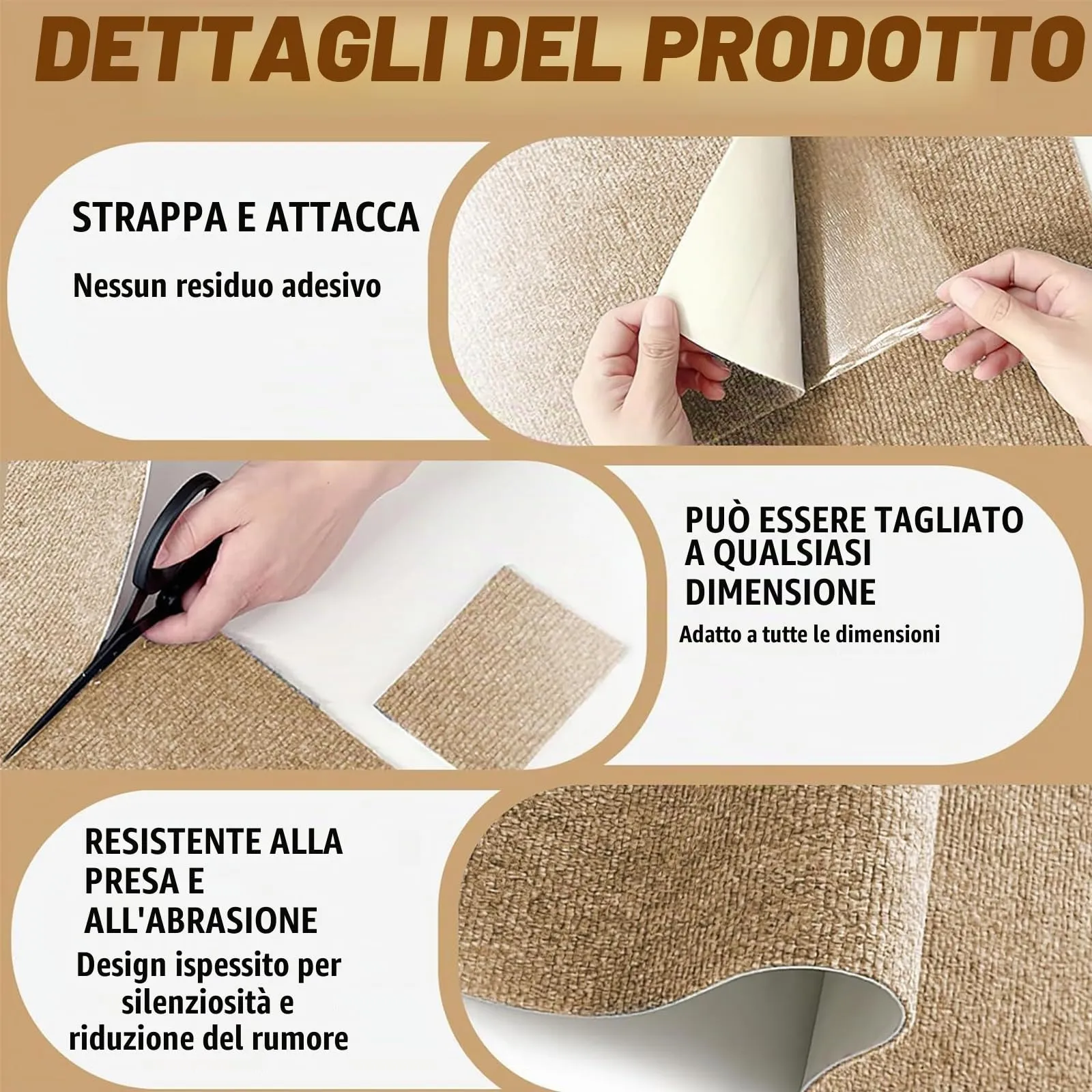 Tappetino Antigraffio Autoadesivo per Gatti, dellyy Ritagliabili Tappeto Tiragraffi per Gatti, DIY Tappetino Tiragraffi Autoadesivo per Gatti, Protegge Tappeti e Divani (Cachi, 40×300cm) - immagine 3