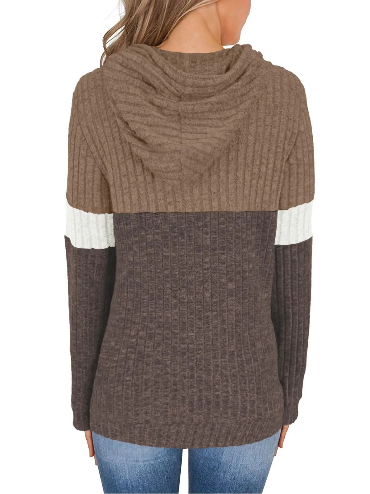 DUOEASE Maglia Donna con Tasche Autunno Invernale Felpe con Cappuccio Casual Maglia Donna Manica Lunga（Marrone-Bianco-S） - immagine 4
