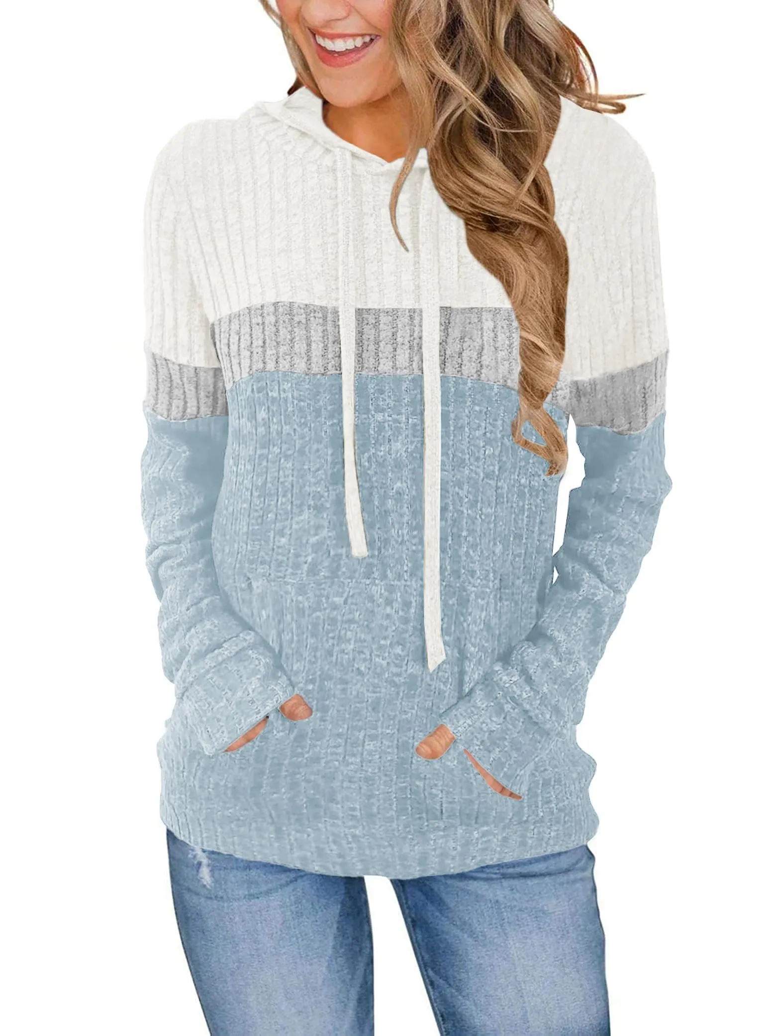DUOEASE Maglia Donna Manica Lunga Elegant con Cappuccio Casual Felpe Donna Autunno Invernale Top(Bianco-Grigio-Blu-L) - immagine 1