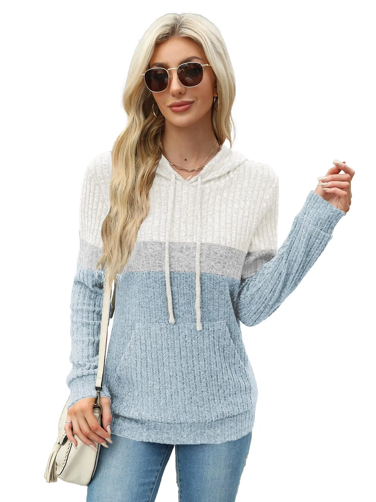 DUOEASE Maglia Donna con Tasche Autunno Invernale Felpe con Cappuccio Casual Maglia Donna Manica Lunga（Bianco-Grigio-Blu-S） - immagine 2