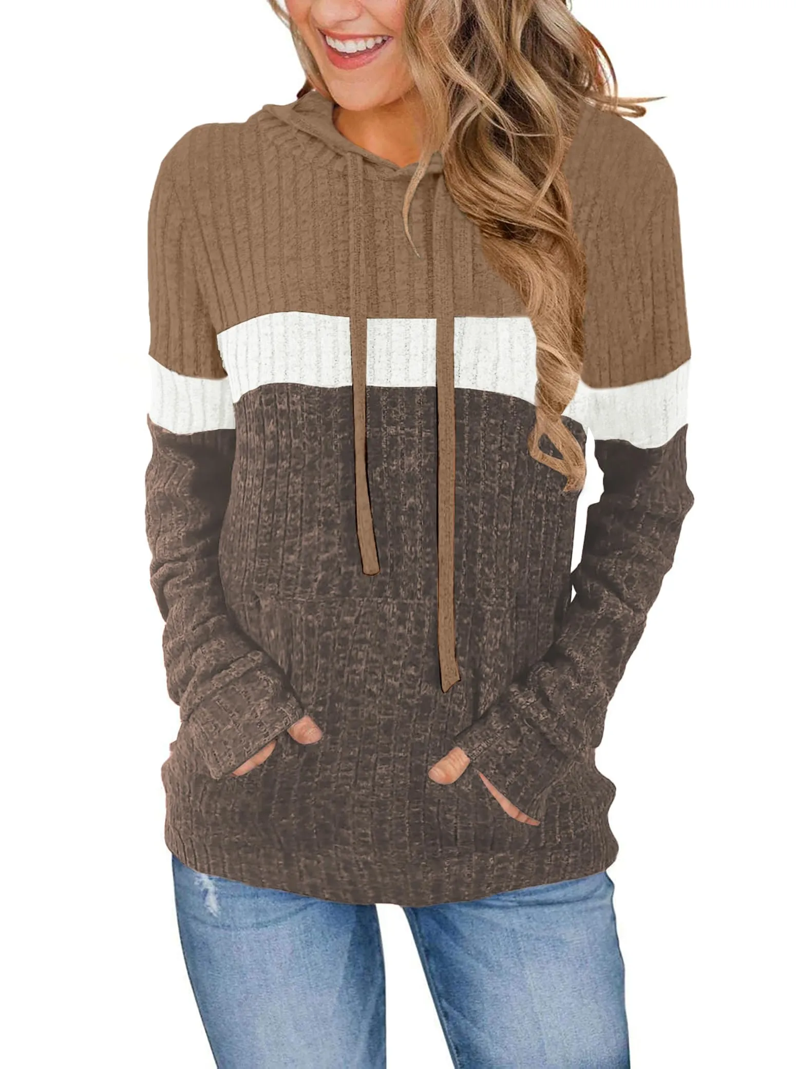 DUOEASE Maglia Donna Manica Lunga Elegant con Cappuccio Casual Felpe Donna Autunno Invernale Top(Marrone-Bianco-XL) - immagine 1