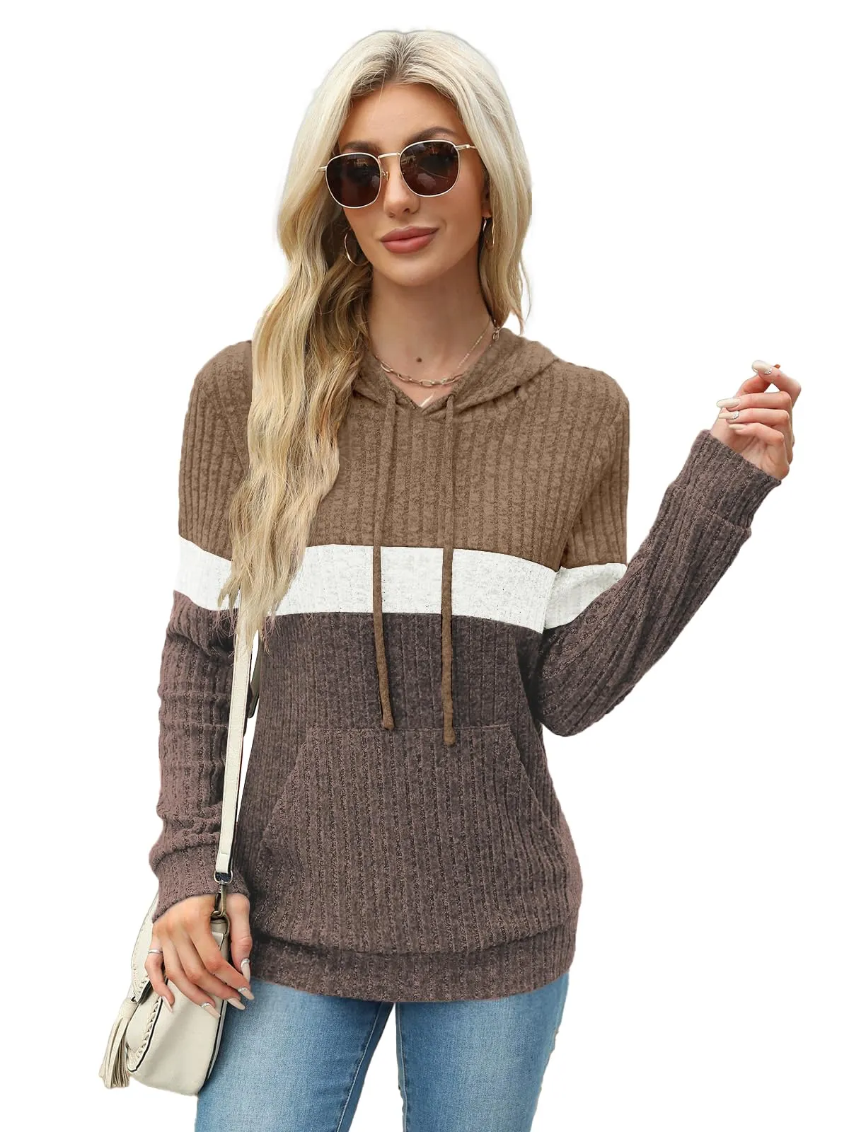 DUOEASE Maglia Donna Manica Lunga Elegant con Cappuccio Casual Felpe Donna Autunno Invernale Top(Marrone-Bianco-XL) - immagine 2