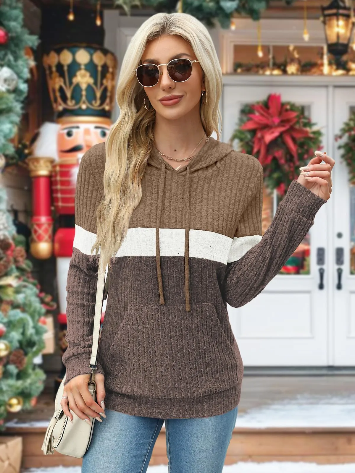 DUOEASE Maglia Donna Manica Lunga Elegant con Cappuccio Casual Felpe Donna Autunno Invernale Top(Marrone-Bianco-XL) - immagine 3