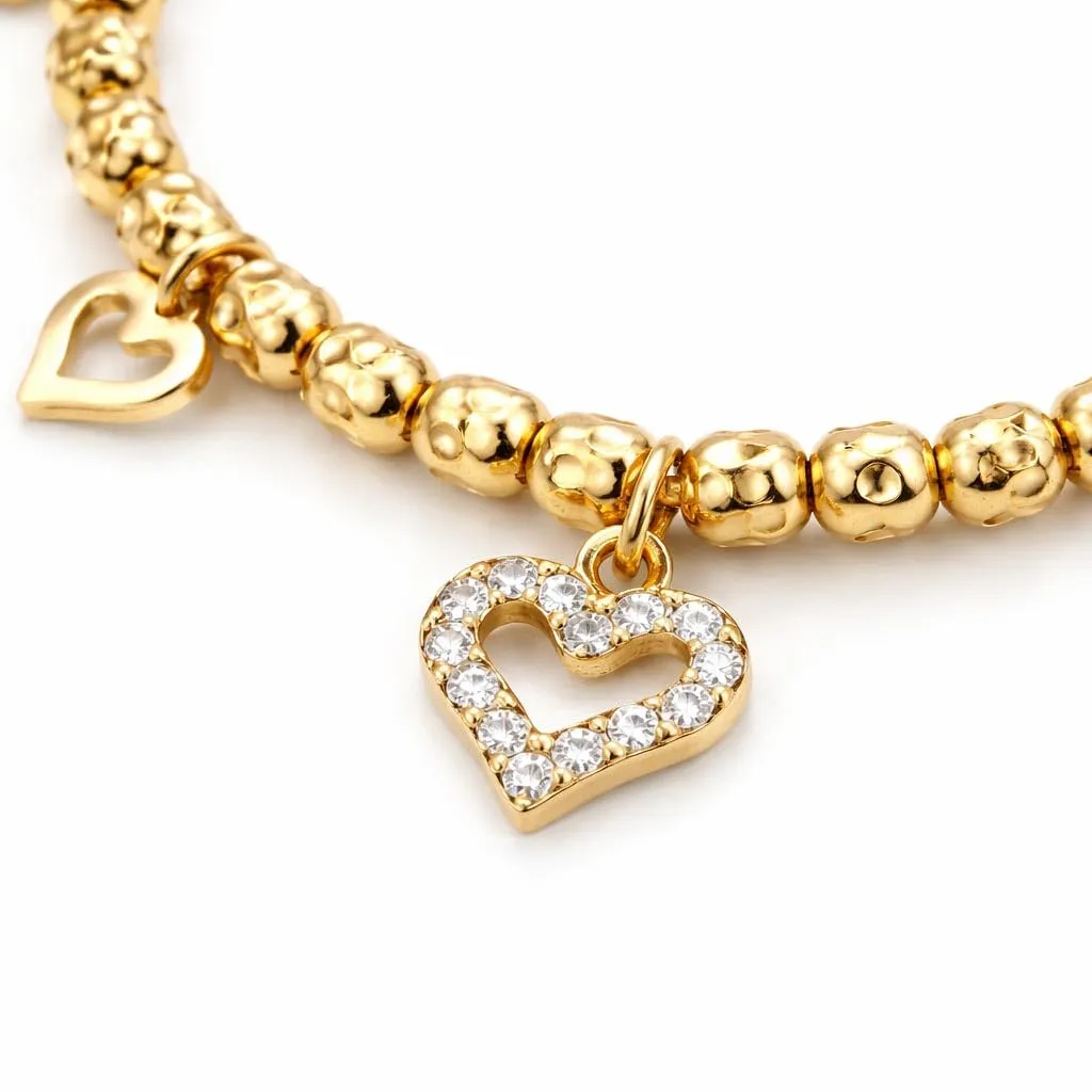 SAGA GIOIELLI® Bracciale donna con granelli martellati e charm cuori con cristalli - donna in Acciaio inox – Lunghezza 17,5+3 cm Confezione Regalo - Regalo per fidanzata - Anniversario (DORATO) - immagine 2