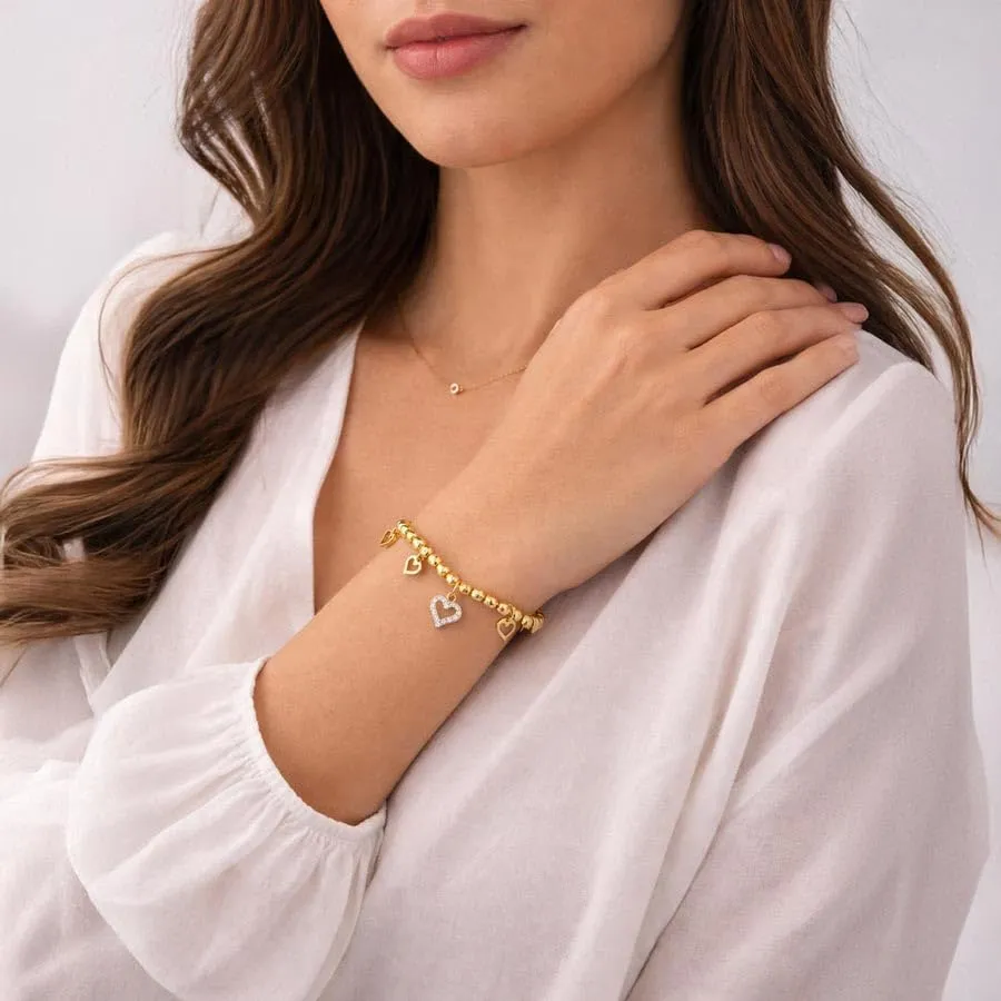 SAGA GIOIELLI® Bracciale donna con granelli martellati e charm cuori con cristalli - donna in Acciaio inox – Lunghezza 17,5+3 cm Confezione Regalo - Regalo per fidanzata - Anniversario (DORATO) - immagine 3