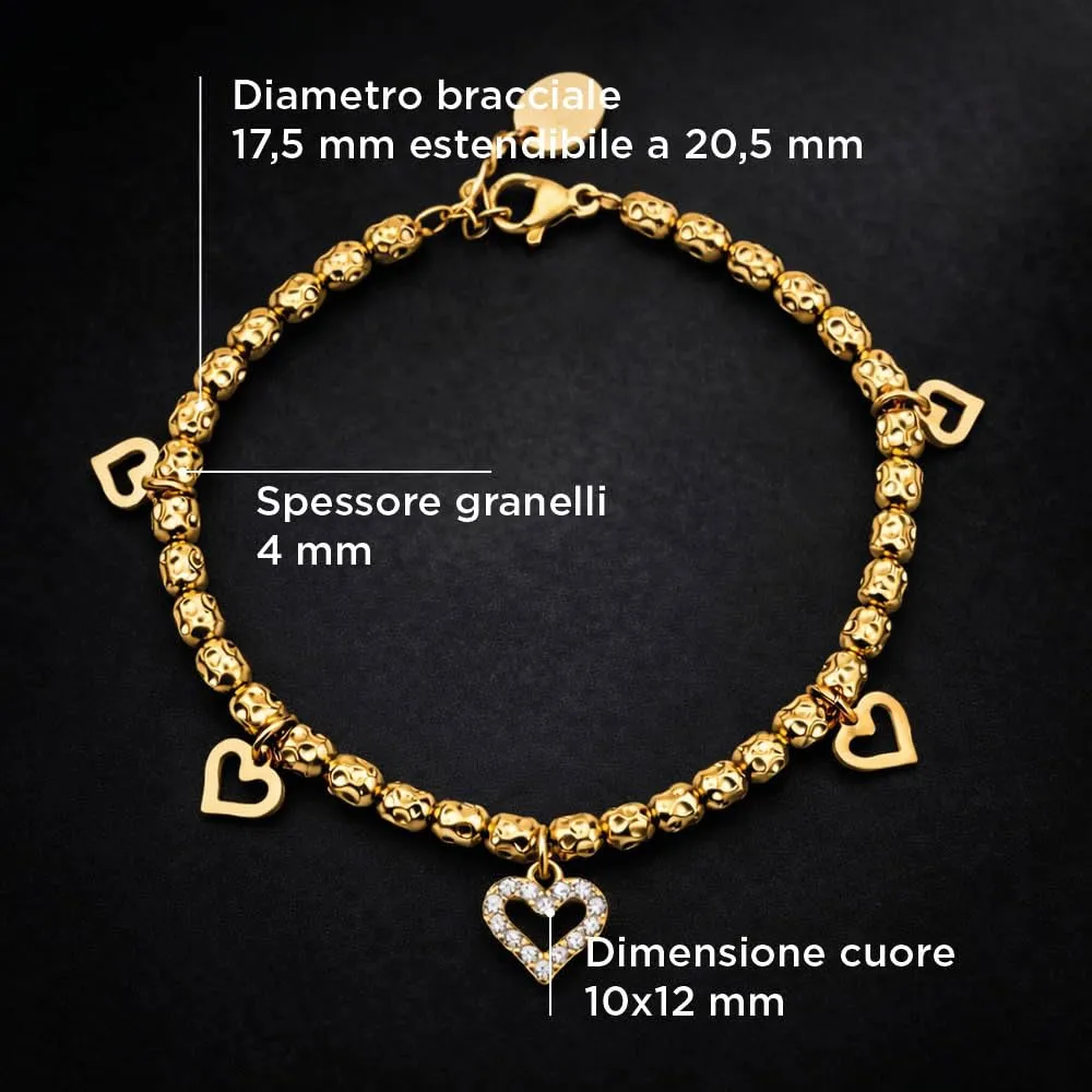 SAGA GIOIELLI® Bracciale donna con granelli martellati e charm cuori con cristalli - donna in Acciaio inox – Lunghezza 17,5+3 cm Confezione Regalo - Regalo per fidanzata - Anniversario (DORATO) - immagine 4