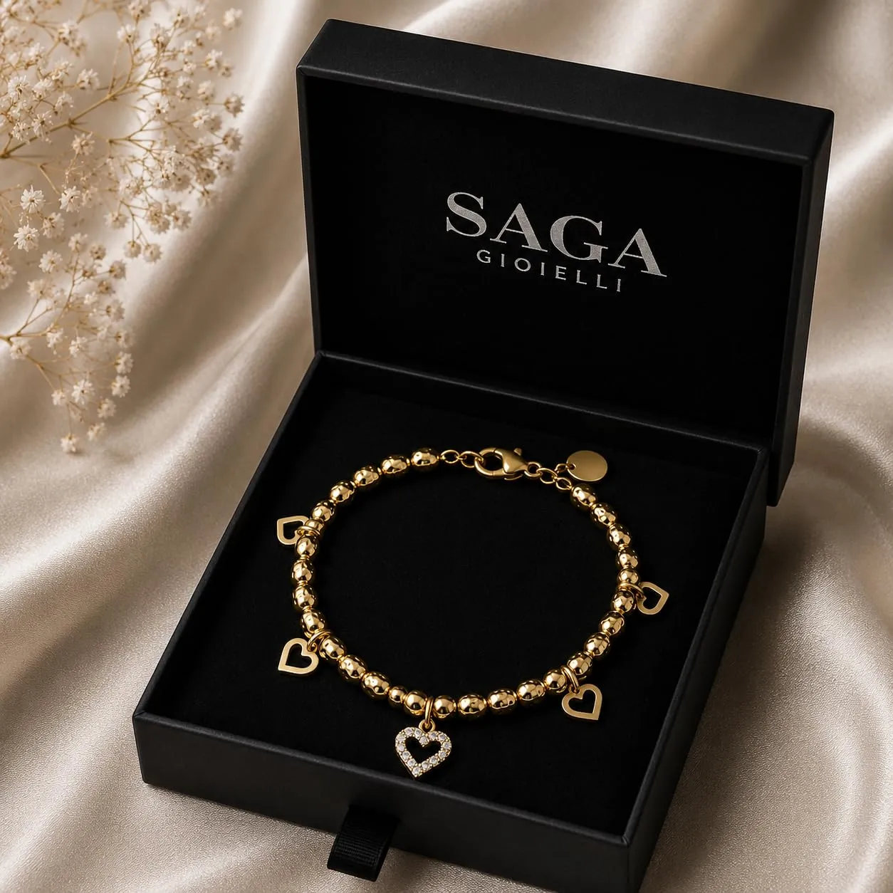 SAGA GIOIELLI® Bracciale donna con granelli martellati e charm cuori con cristalli - donna in Acciaio inox – Lunghezza 17,5+3 cm Confezione Regalo - Regalo per fidanzata - Anniversario (DORATO) - immagine 5