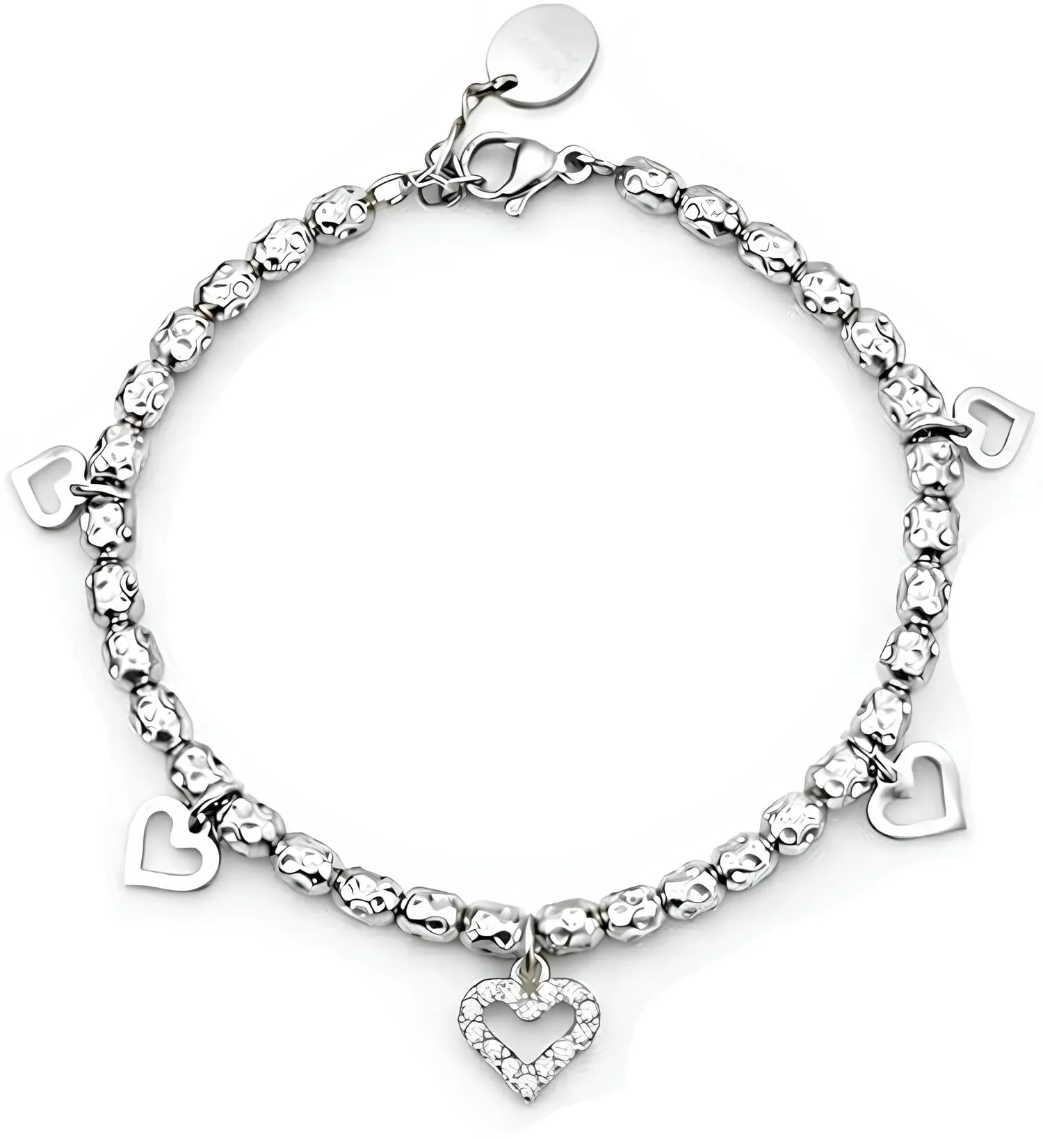 SAGA GIOIELLI® Bracciale donna con granelli martellati e charm cuori con cristalli - donna in Acciaio inox – Lunghezza 17,5+3 cm Confezione Regalo - Regalo per fidanzata - Anniversario (ARGENTATO) - immagine 1