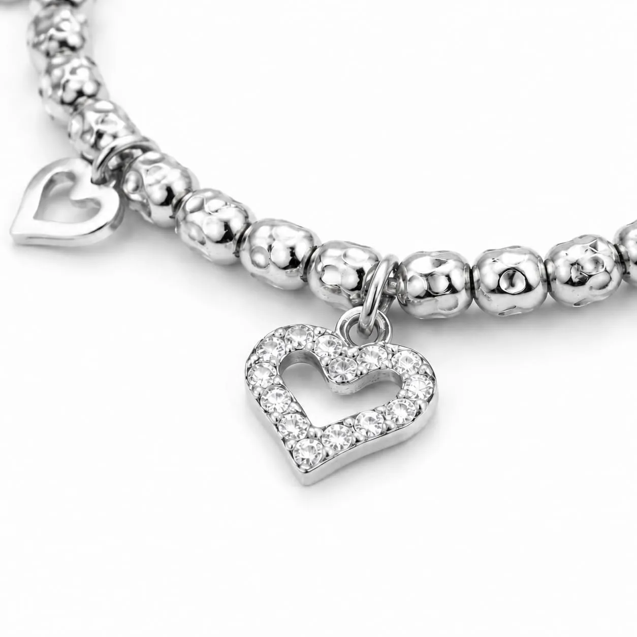 SAGA GIOIELLI® Bracciale donna con granelli martellati e charm cuori con cristalli - donna in Acciaio inox – Lunghezza 17,5+3 cm Confezione Regalo - Regalo per fidanzata - Anniversario (ARGENTATO) - immagine 2