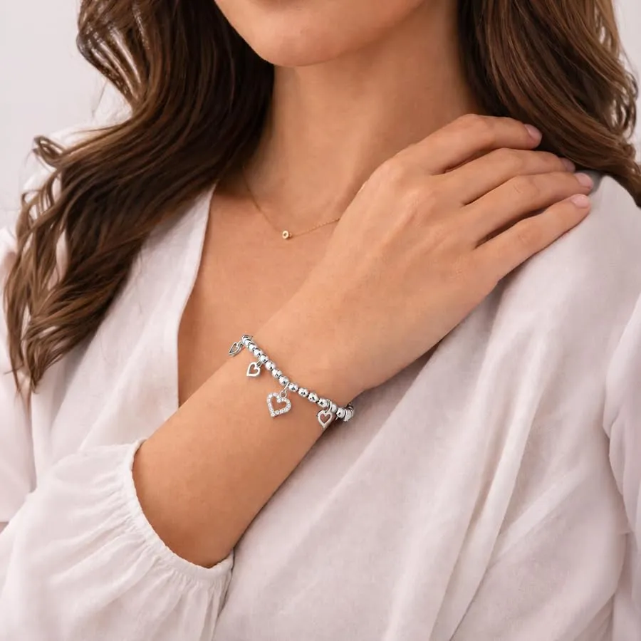 SAGA GIOIELLI® Bracciale donna con granelli martellati e charm cuori con cristalli - donna in Acciaio inox – Lunghezza 17,5+3 cm Confezione Regalo - Regalo per fidanzata - Anniversario (ARGENTATO) - immagine 3