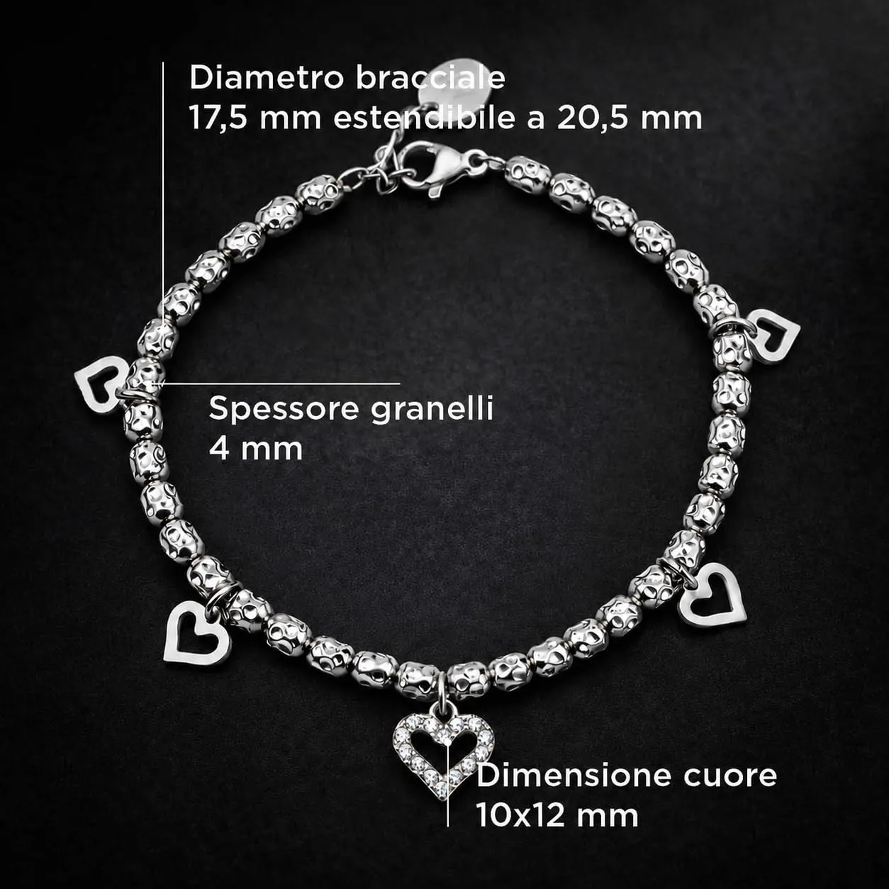 SAGA GIOIELLI® Bracciale donna con granelli martellati e charm cuori con cristalli - donna in Acciaio inox – Lunghezza 17,5+3 cm Confezione Regalo - Regalo per fidanzata - Anniversario (ARGENTATO) - immagine 5