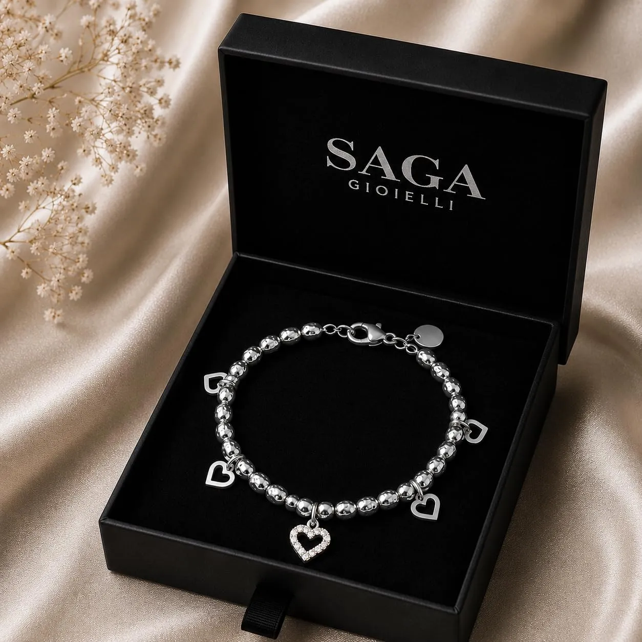 SAGA GIOIELLI® Bracciale donna con granelli martellati e charm cuori con cristalli - donna in Acciaio inox – Lunghezza 17,5+3 cm Confezione Regalo - Regalo per fidanzata - Anniversario (ARGENTATO) - immagine 6