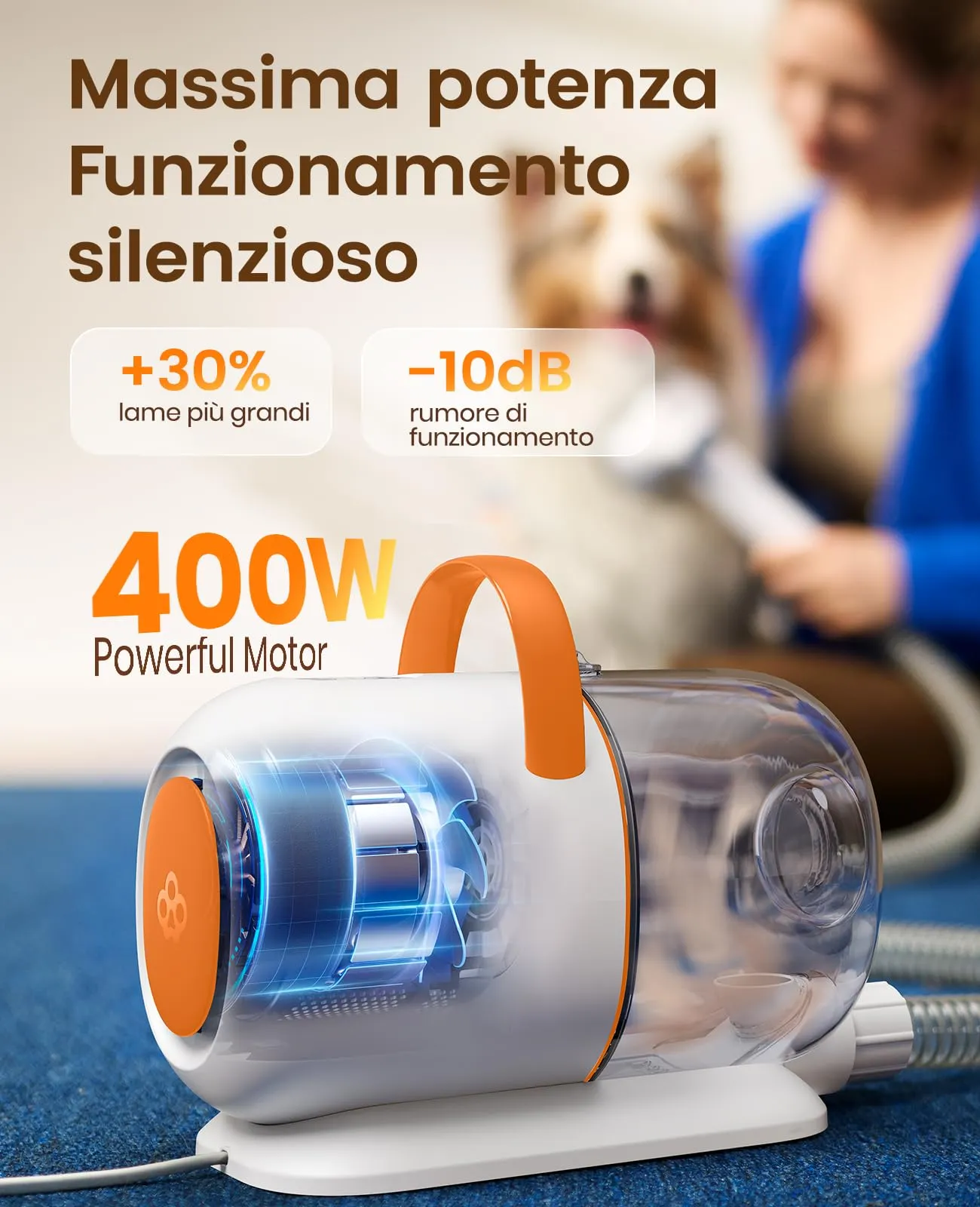 oneisall Tosatrice per cani con aspirapolvere, super potenza di aspirazione con 15000 Pa, aspira il 99,99% dei peli degli animali, tosatrice silenziosa per cani e gatti, con 3 strumenti per la - immagine 4