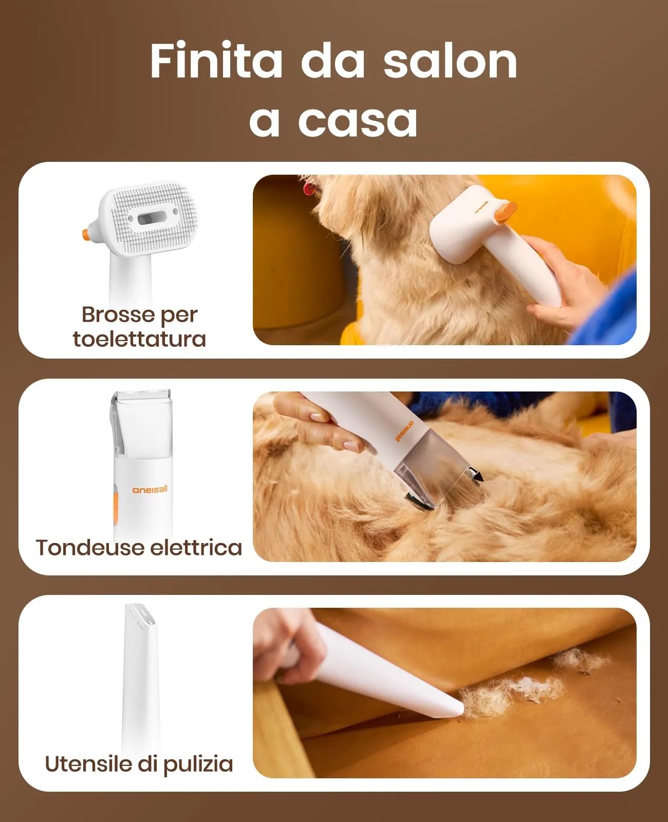 oneisall Tosatrice per cani con aspirapolvere, super potenza di aspirazione con 15000 Pa, aspira il 99,99% dei peli degli animali, tosatrice silenziosa per cani e gatti, con 3 strumenti per la - immagine 6