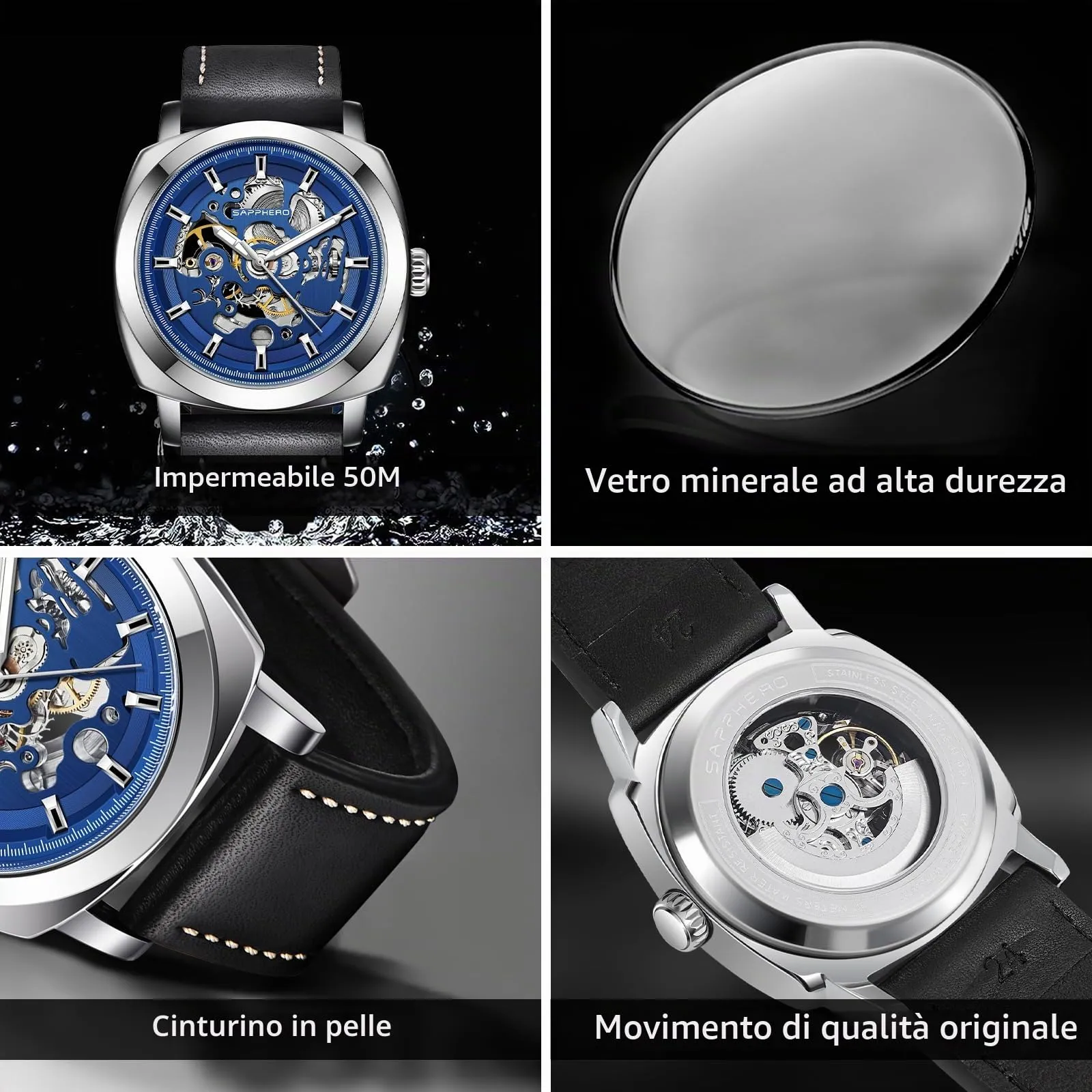 BY BENYAR Orologio Automatico Uomo | Quadrante Scheletrato | Impermeabile 5ATM | Cinturino in Pelle - immagine 4