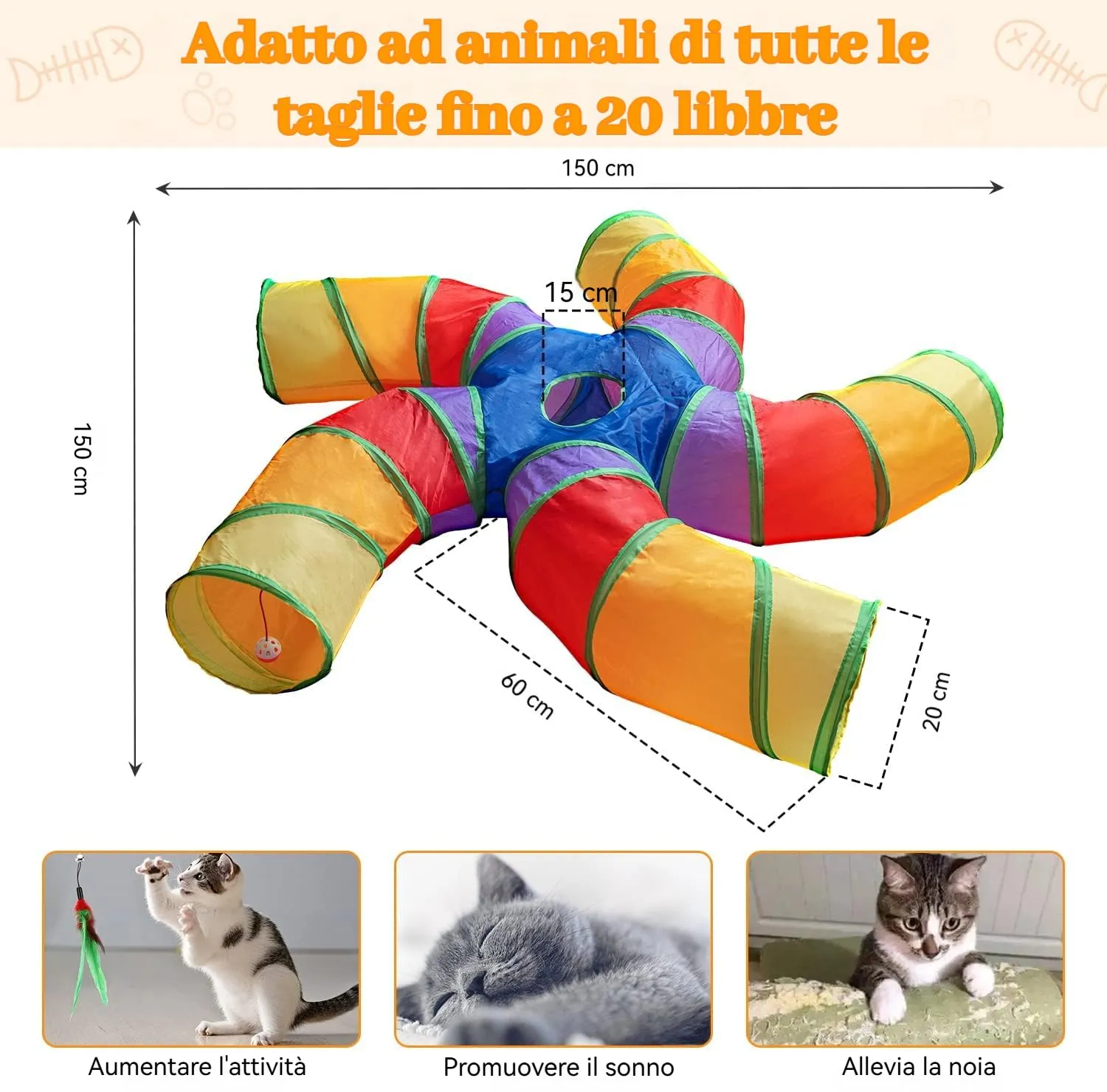 Tunnel per Gatti Interno Grande a 5 Vie con Giocattolo e Pallina, Tubo Pieghevole a Forma di S con Foro Interattivo, Ideale per Esercizi al Coperto per Gattini - immagine 2