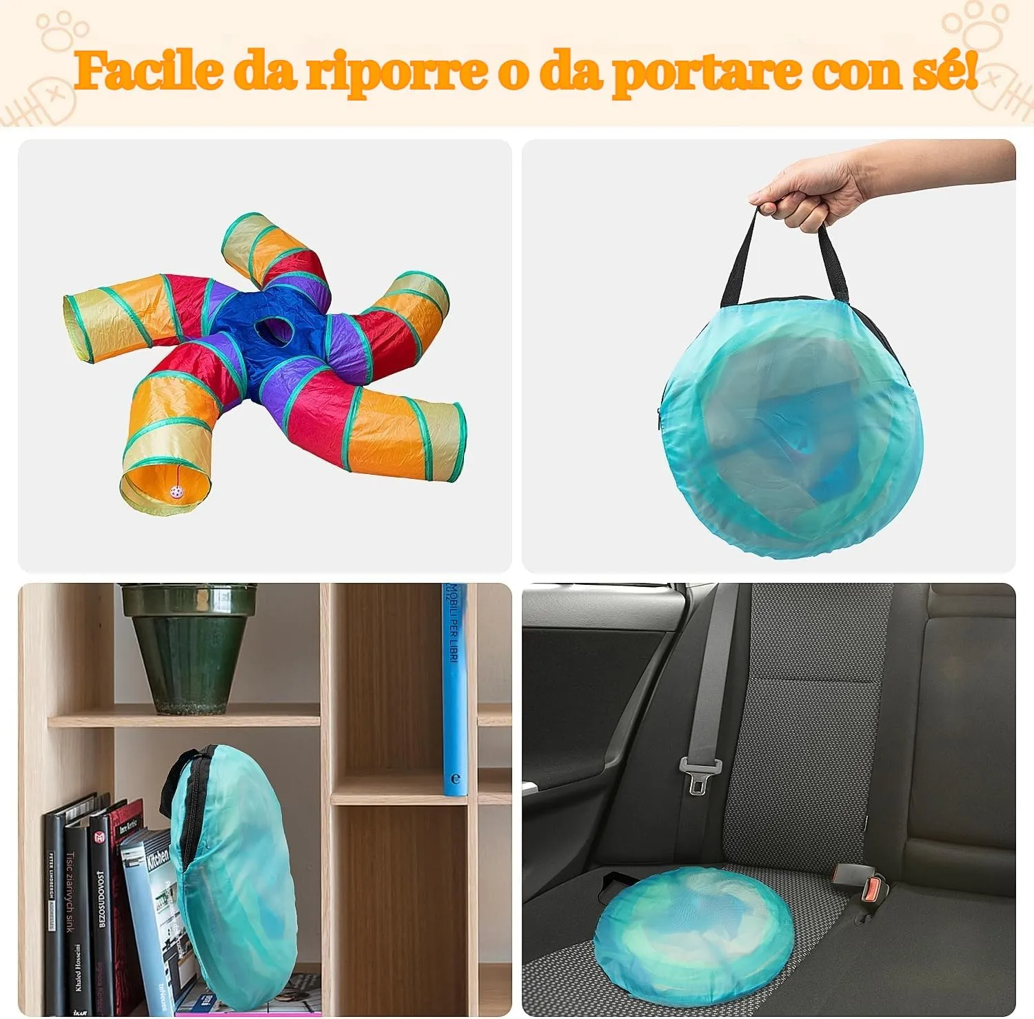 Tunnel per Gatti Interno Grande a 5 Vie con Giocattolo e Pallina, Tubo Pieghevole a Forma di S con Foro Interattivo, Ideale per Esercizi al Coperto per Gattini - immagine 4